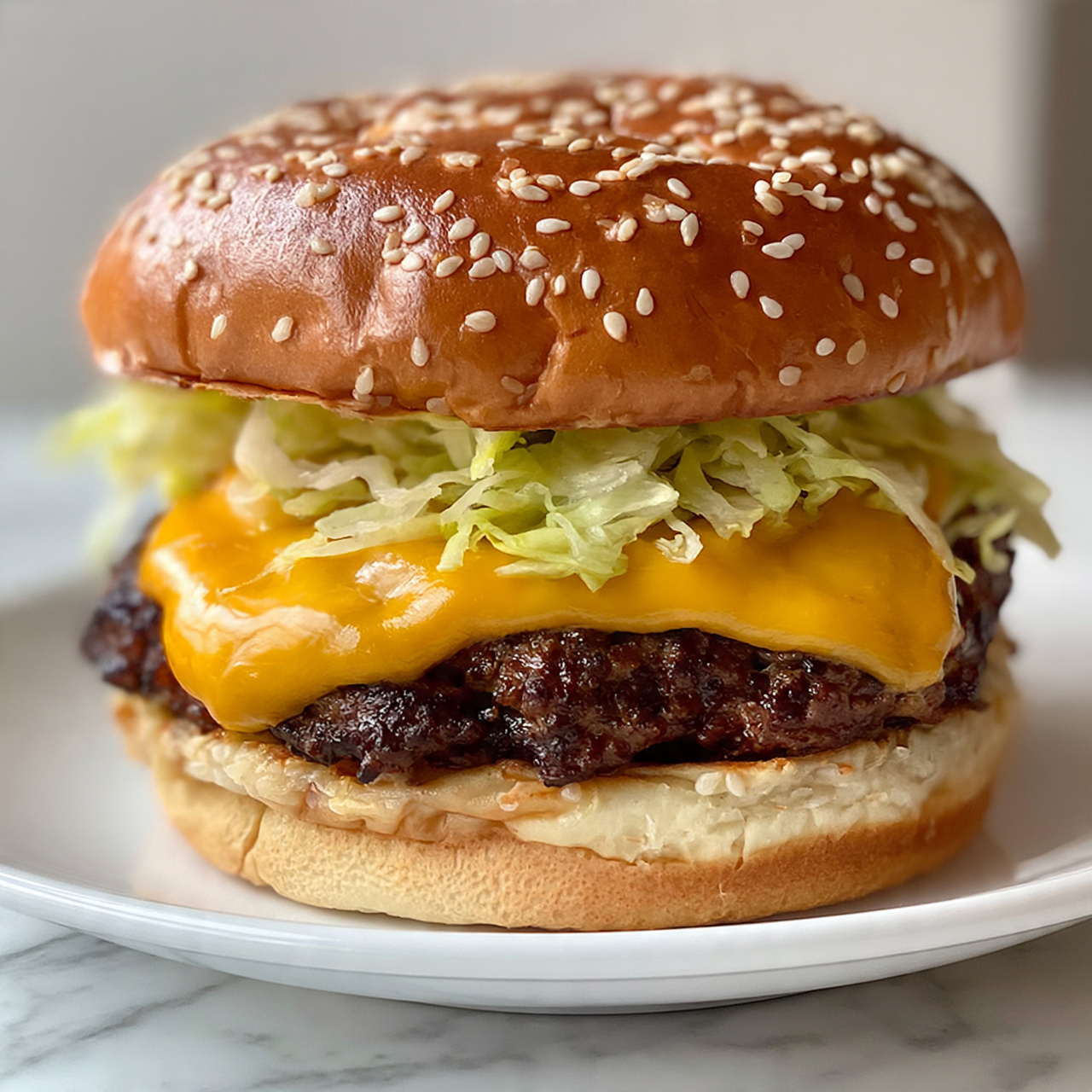 square image The image shows a close-up of a cheeseburger with multiple layers on a white plate, placed on a white marbled surface. Starting from the top, there is a shiny brown sesame seed bun with a soft texture. Below the bun is a layer of light green shredded lettuce, followed by a mustard-yellow melted cheese slice covering a thick, juicy dark brown beef patty. At the bottom, there is another sesame seed bun with a soft and fluffy texture. The layers appear thick and well stacked, making the burger look full and rich. Photo taken with an iphone --ar 4:5 --v 7