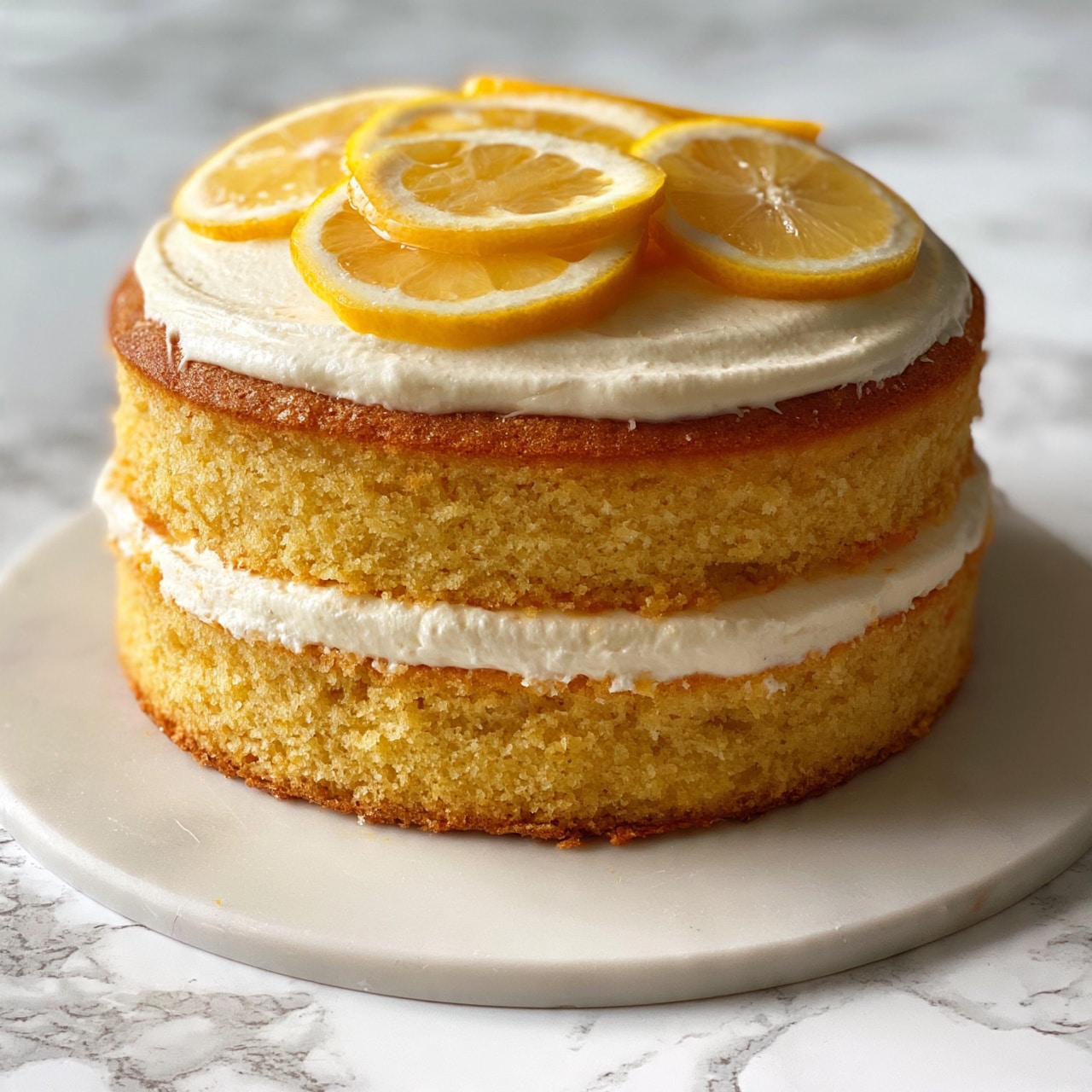 square image A two-layer lemon cake with a light yellow sponge and a smooth white cream layer in the middle and on top. The cake is slightly moist with a soft texture, and the top is decorated with thin lemon slices. The background is a white marbled texture. photo taken with an iphone --ar 4:5 --v 7