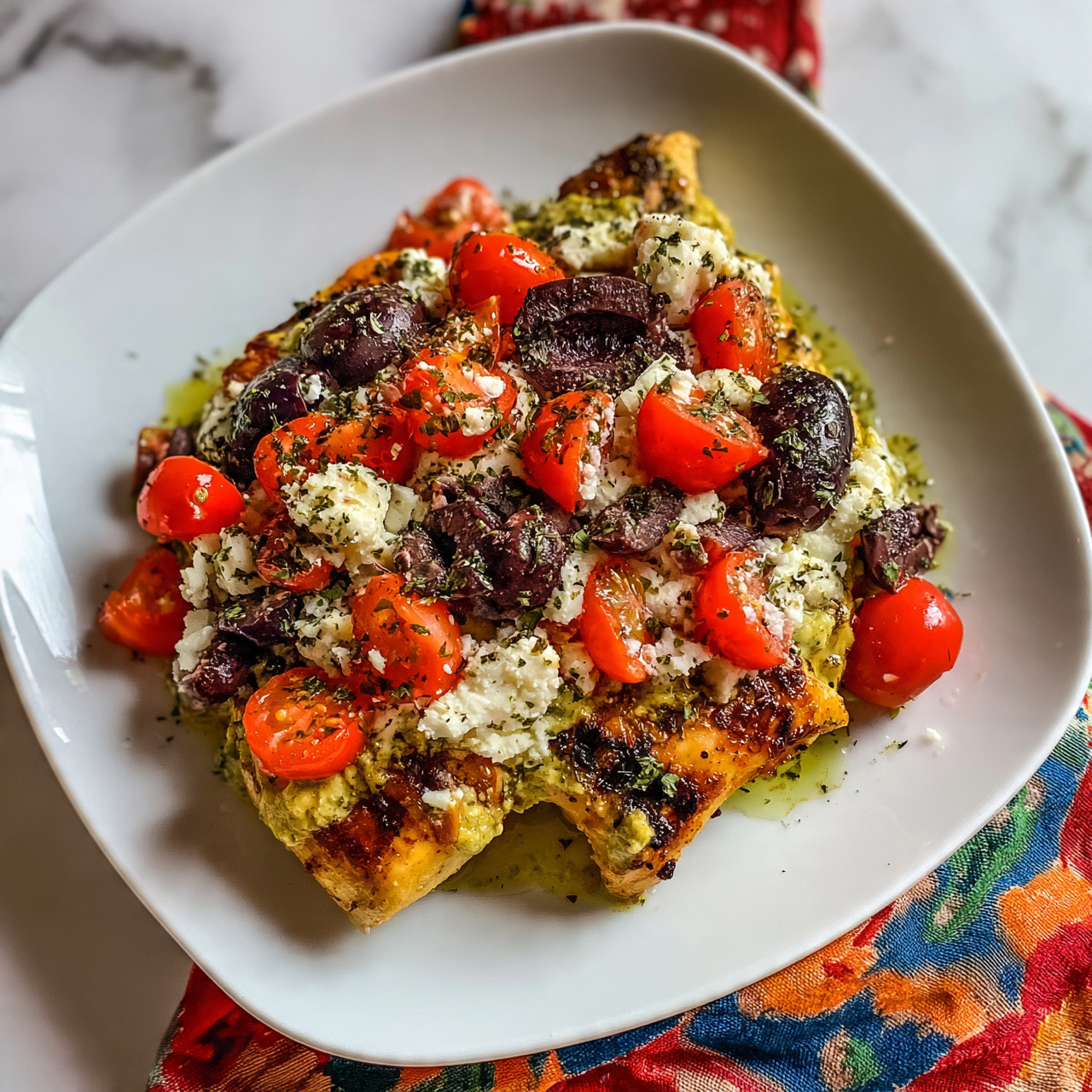 square image A white plate holds a dish with two grilled golden-brown chicken pieces as the base layer. On top, there is a colorful mix of halved bright red cherry tomatoes, dark purple olive slices, and crumbled white cheese. All these ingredients are sprinkled with green herbs and a light green sauce. The plate sits on a fabric with red, orange, blue, and green patterns, and the background has a white marbled texture. photo taken with an iphone --ar 4:5 --v 7