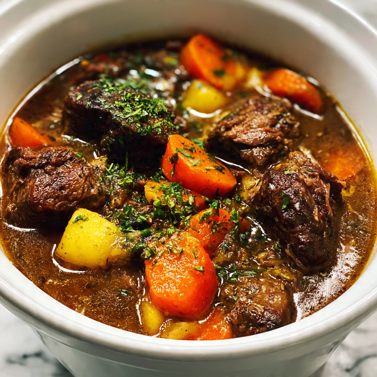 square image The image shows a white slow cooker filled with a rich stew. The stew has large chunks of dark brown meat, bright orange carrot slices, and small yellow potato pieces floating in a thick brown broth. The surface is sprinkled with fresh green herbs, adding a touch of color and freshness. The background is a white marbled texture. photo taken with an iphone --ar 4:5 --v 7