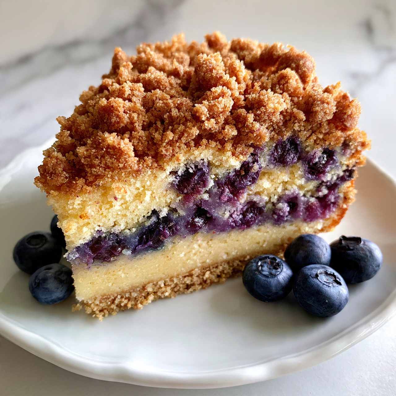 square image A thick slice of crumbly blueberry cake sits on a white plate with a slight scalloped edge. The cake shows three layers: a golden-brown crumb topping with a rough texture on top, a soft light yellow cake layer full of baked-in purple blueberries in the middle, and a dense crumbly base at the bottom. Fresh blueberries are placed around the cake slice on the plate, adding deep blue color contrast. The background surface is white marble with subtle gray veins. The photo taken with an iphone --ar 4:5 --v 7