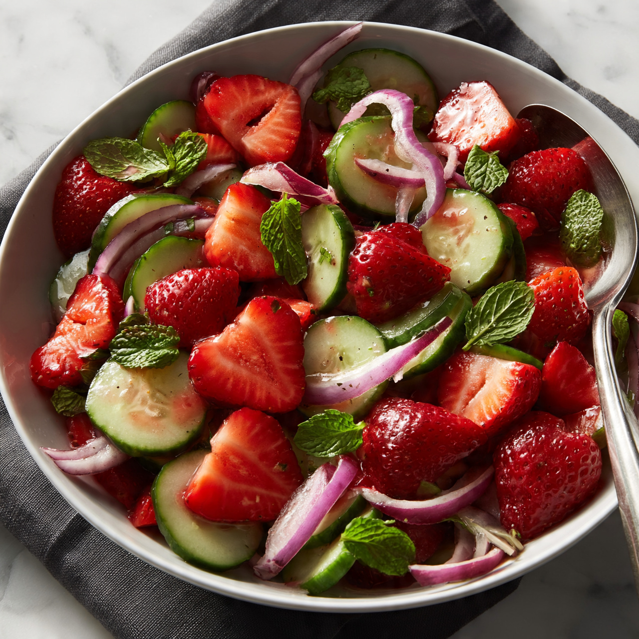 square image A white bowl filled with a colorful salad made of sliced red strawberries, light green cucumber slices, and thin rings of purple onion, all mixed with small bright green fresh mint leaves scattered evenly throughout. The mixture looks fresh and juicy with the shiny texture of the fruit and vegetables visible. A silver spoon is placed inside the bowl on the right side, partially submerged in the salad. The bowl rests on a dark gray cloth, set on a white marbled surface. photo taken with an iphone --ar 4:5 --v 7