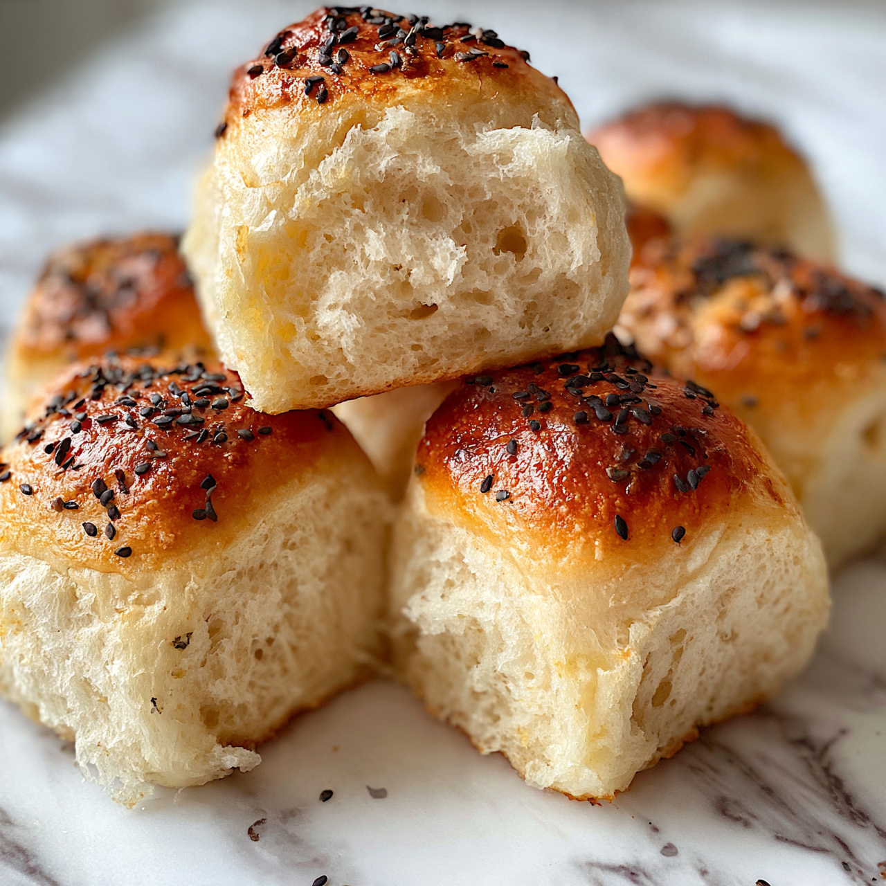 Turkish Sesame and Nigella Seed Bread Recipe 5 square image The image shows pieces of soft, fluffy bread with a golden-brown top sprinkled with black sesame seeds. The bread has a light, airy texture with visible holes inside. One piece is lifted above the others, showing the inside crumb clearly. The bread pieces are placed directly on a white marbled surface. The light highlights the shiny, slightly crispy crust and the soft, moist inside. photo taken with an iphone --ar 4:5 --v 7