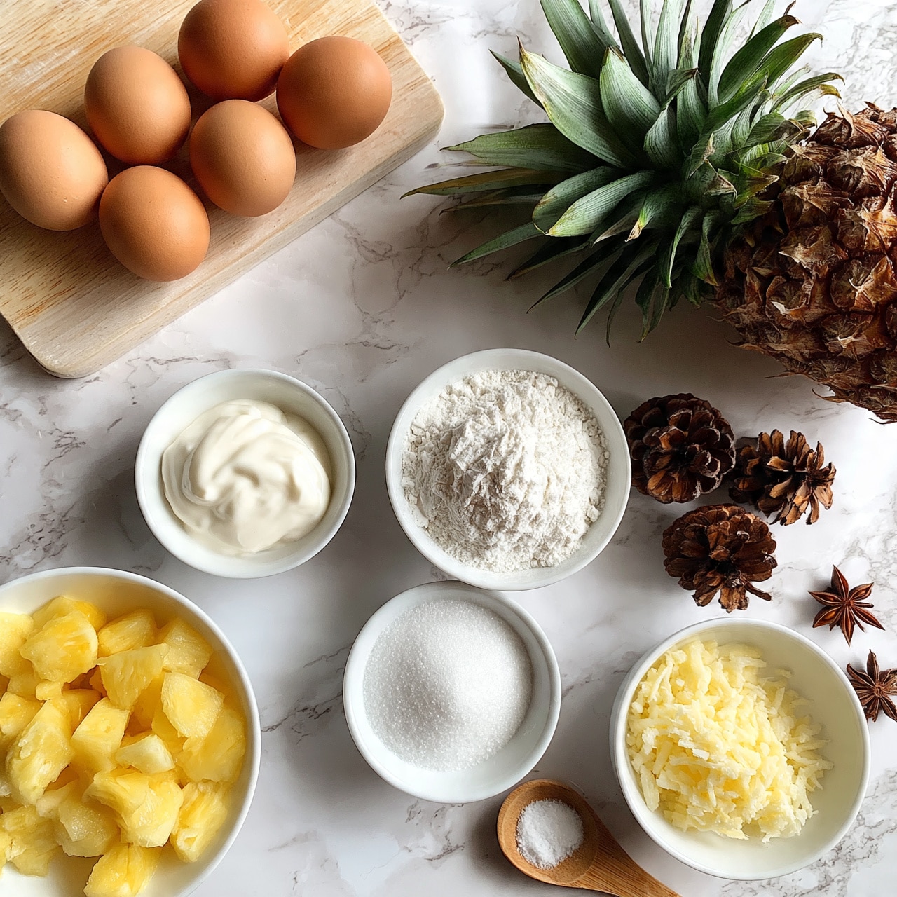 square image The image shows a white marbled surface with several ingredients neatly arranged. There are six brown eggs on a light wooden board at the top left, a white bowl filled with yellow pineapple chunks at the bottom left, and a whole pineapple with green spiky leaves and brown textured skin at the top right. In the center, there are three bowls with different contents: one small white bowl with smooth white cream, one medium white bowl filled with white flour, and one small white bowl filled with white granulated sugar. At the bottom right, there is a white bowl with grated pale yellow butter. Nearby, a wooden spoon holds a small amount of white salt. Two pine cones and one star anise are placed near the pineapple. Photo taken with an iphone --ar 4:5 --v 7
