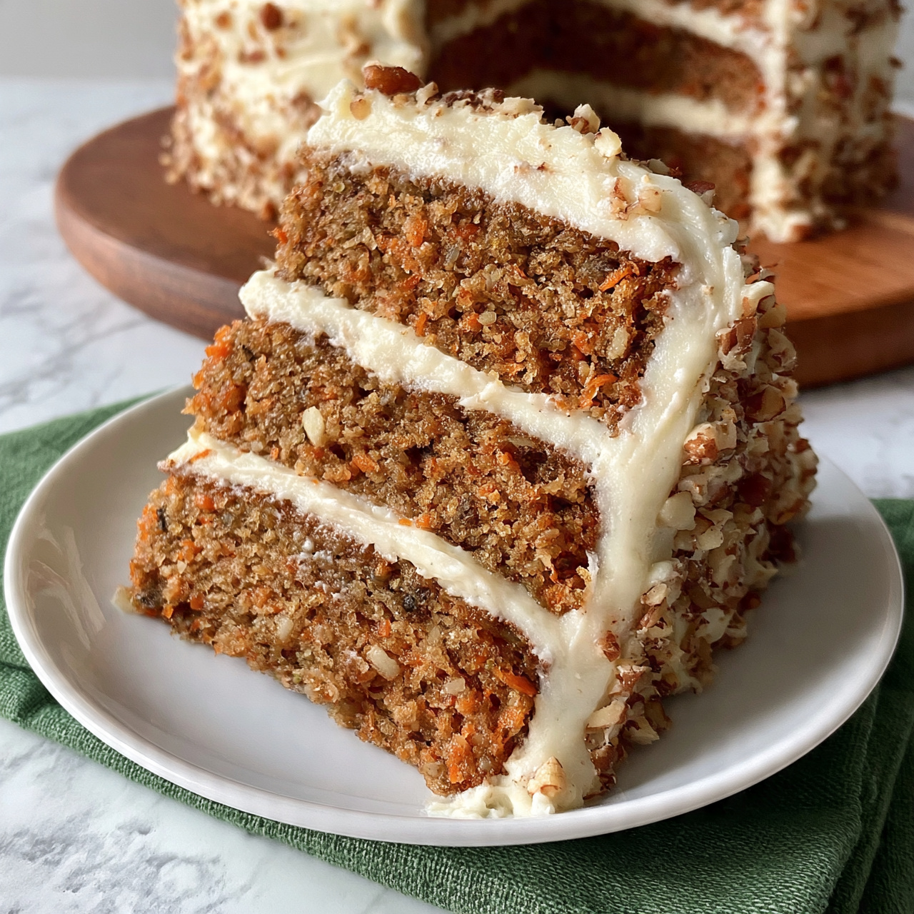 square image A slice of carrot cake is shown on a white plate, resting on a green cloth. The cake has three layers: two thick brownish layers with visible grated carrot pieces and small nut bits, separated and covered by thick cream-colored frosting layers. The outside of the slice is fully coated with the same frosting mixed with bits of chopped nuts scattered on it. In the background, the full cake is partially visible on a wooden round board, showing the same detailed layers and frosting. The surface beneath the plate and cake is a white marbled texture. photo taken with an iphone --ar 4:5 --v 7