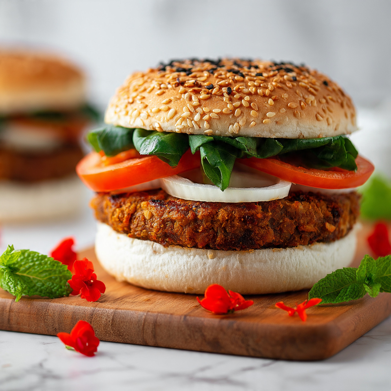 square image The image shows a close-up of a sesame seed burger on a white bun, placed on a wooden board over a white marbled surface. The burger has six visible layers: the sesame seed bun on top, dark green leafy lettuce just below, bright red sliced tomatoes next, white onion rings beneath the tomatoes, a brown cooked patty with a slightly crispy texture, and the white sesame seed bun at the bottom. Around the burger, there are small bright red flower petals and fresh green mint leaves scattered on the wooden board. In the background, a second burger is slightly blurred, and the whole setting feels fresh and colorful. Photo taken with an iphone --ar 4:5 --v 7