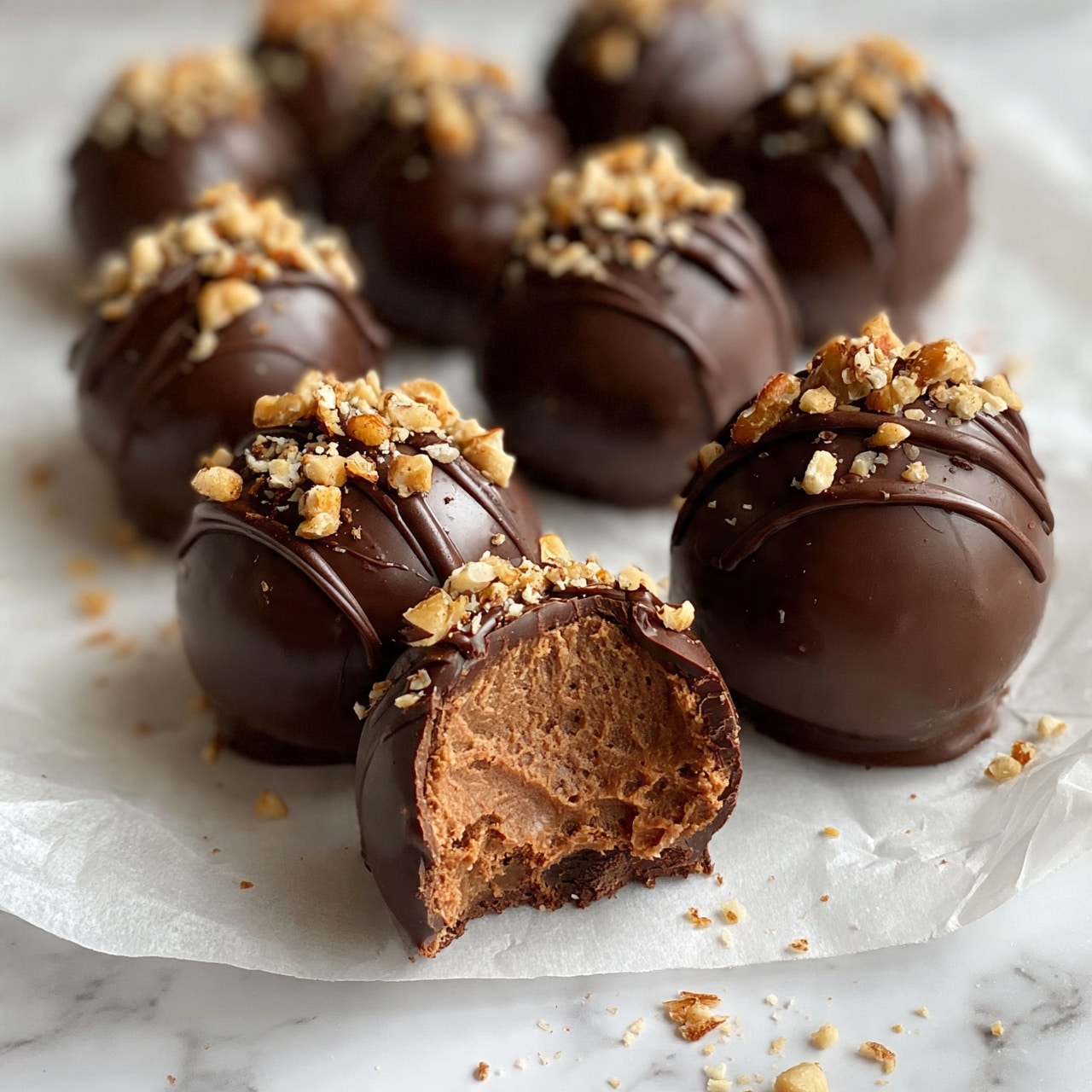 square image A group of round chocolate truffles arranged on white parchment paper over a white marbled surface, each truffle covered in smooth dark chocolate with a few thin chocolate drizzle lines and chopped nut pieces sprinkled on top. One truffle is broken open, showing a creamy brown filling inside with a soft texture. The truffles have a shiny finish and small bits of nuts or crumbs are scattered lightly around them, creating a rich and inviting look. Photo taken with an iphone --ar 4:5 --v 7