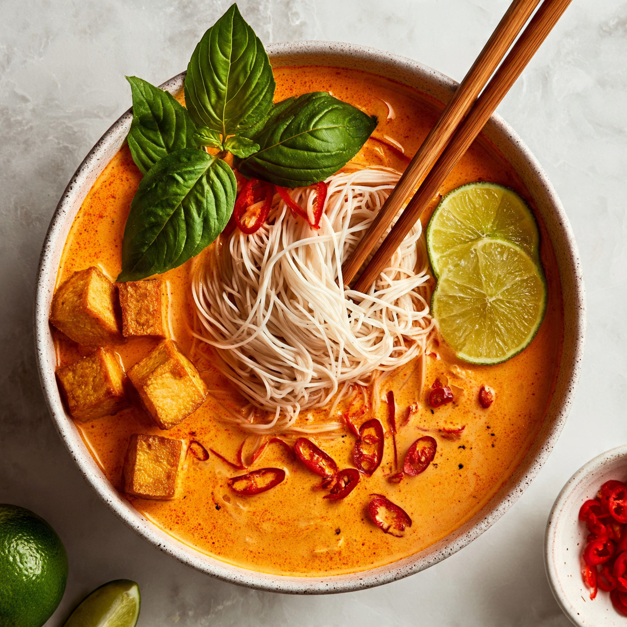square image A bowl filled with orange creamy soup, topped with several cubes of golden tofu scattered on one side, and a pile of thin white noodles in the center with two wooden chopsticks resting on them. Bright green basil leaves and slices of bright green lime sit on top and to the side of the noodles, while thin red chili slices are spread through the soup. The bowl is on a soft white marbled surface with a lime, a lime wedge, and a small white bowl with more chili slices nearby. photo taken with an iphone --ar 4:5 --v 7