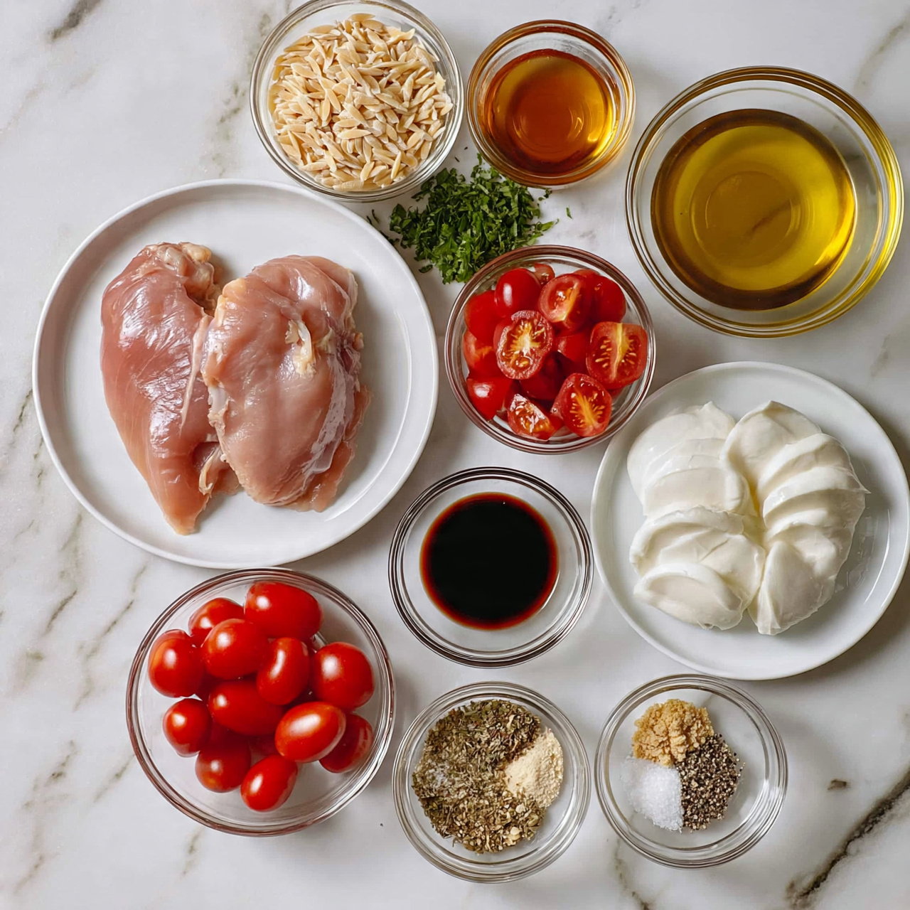 square image The image shows ingredients arranged neatly on a white marbled surface. In the center-left, there is a white plate holding two pieces of raw chicken meat. Around it, several small clear glass bowls contain various ingredients: one holds halved cherry tomatoes, another round white plate has several white mozzarella slices, and other bowls contain orzo pasta, chopped green herbs, olive oil, honey, soy sauce, balsamic vinegar, dried herbs, garlic powder, ground ginger, salt, and pepper. The colors range from the red of the tomatoes, white of the cheese and plates, golden yellow of honey and oil, to the beige of the pasta, all presented in a clean, organized way photo taken with an iphone --ar 4:5 --v 7