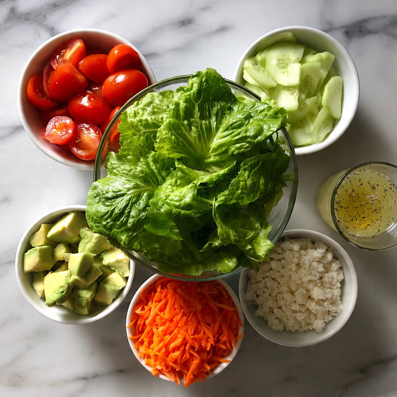 square image The image shows six bowls on a white marbled surface. At the center, there is a large clear bowl full of bright green lettuce leaves with a crinkled texture. Surrounding it, there are five small white bowls in a rough circle: one bowl contains halved red cherry tomatoes with shiny skin, another has thinly sliced light green cucumbers, a third holds small chunks of pale green avocado, a fourth is filled with shredded orange carrots, and the last one contains small white crumbly pieces resembling cheese. To the right side, there is a small clear glass with a light yellow dressing mixed with visible black specks of seasoning. photo taken with an iphone --ar 4:5 --v 7