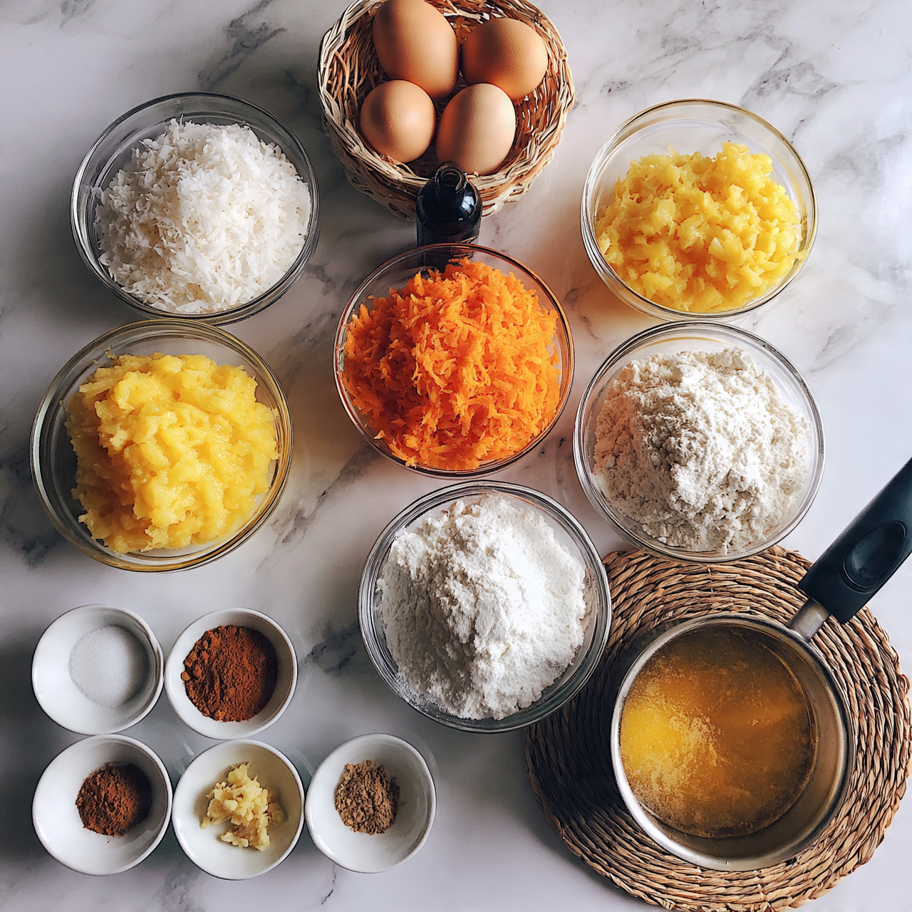 square image The image shows multiple bowls and a basket laid on a white marbled surface, each holding different baking ingredients. At the top, a basket holds three eggs with light brown shells. Below it, a small dark bottle is placed. Surrounding the basket are clear glass bowls containing shredded coconut, mashed yellow pineapple, grated orange carrots, white sugar, and white flour. In the bottom left corner, four small white bowls hold baking soda, cinnamon powder, minced ginger, and another brownish spice. At the bottom right, a saucepan with a black handle contains melted golden liquid, resting on a round woven mat. photo taken with an iphone --ar 4:5 --v 7
