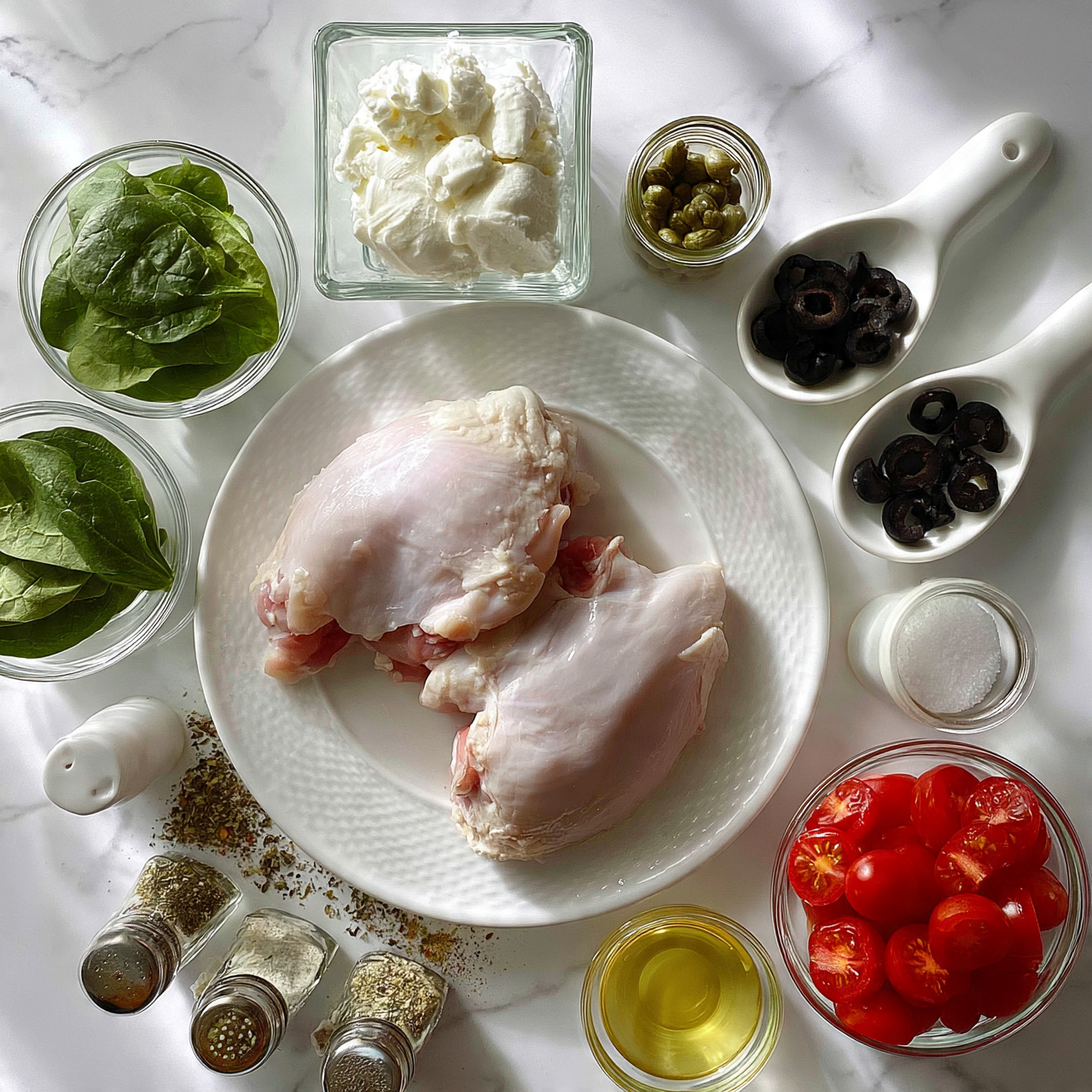 square image The image shows two raw chicken pieces placed on a white plate with a delicate texture, positioned in the center. Surrounding this plate are small glass bowls and white ceramic spoons containing various ingredients: fresh green spinach leaves on the left, a square glass bowl filled with white soft cheese above, a small jar of green capers to the right of the cheese, and a white ceramic spoon with black sliced olives next to the capers. Below these, there is a small white container with salt, a glass bowl with a yellow liquid, and a bowl filled with halved red cherry tomatoes. Also included are three spice shakers containing different seasonings like dried herbs and powder, which are scattered around the chicken plate on a white marbled surface. photo taken with an iphone --ar 4:5 --v 7