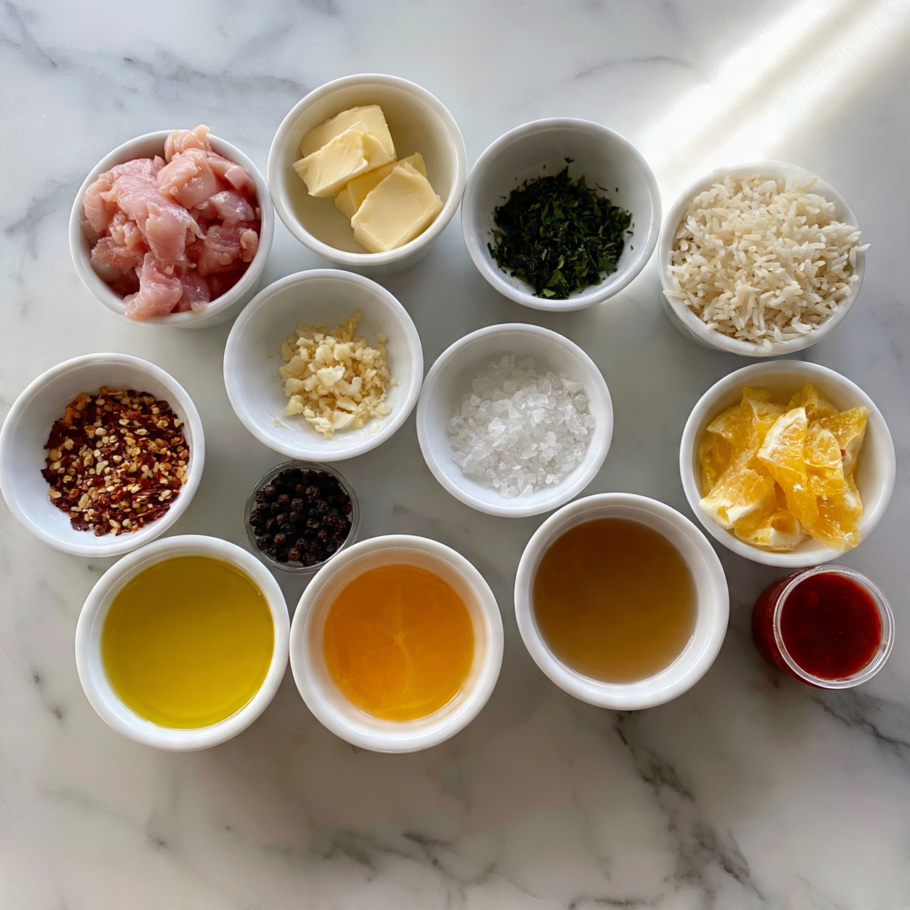 square image The image shows a white marble surface with twelve small white bowls arranged neatly. The bowls hold different cooking ingredients: raw pink chicken strips, light yellow butter cubes, green herbs, white rice, minced garlic, red pepper flakes, clear salt crystals, black peppercorns, light yellow olive oil, orange lemon slices, light brown broth, and a small container of red cooking sauce. Each bowl's contents are vibrant and distinct, arranged in a slight curve that leads the eye across the selection of ingredients. The lighting is bright and natural, making the colors clear and fresh. Photo taken with an iphone --ar 4:5 --v 7