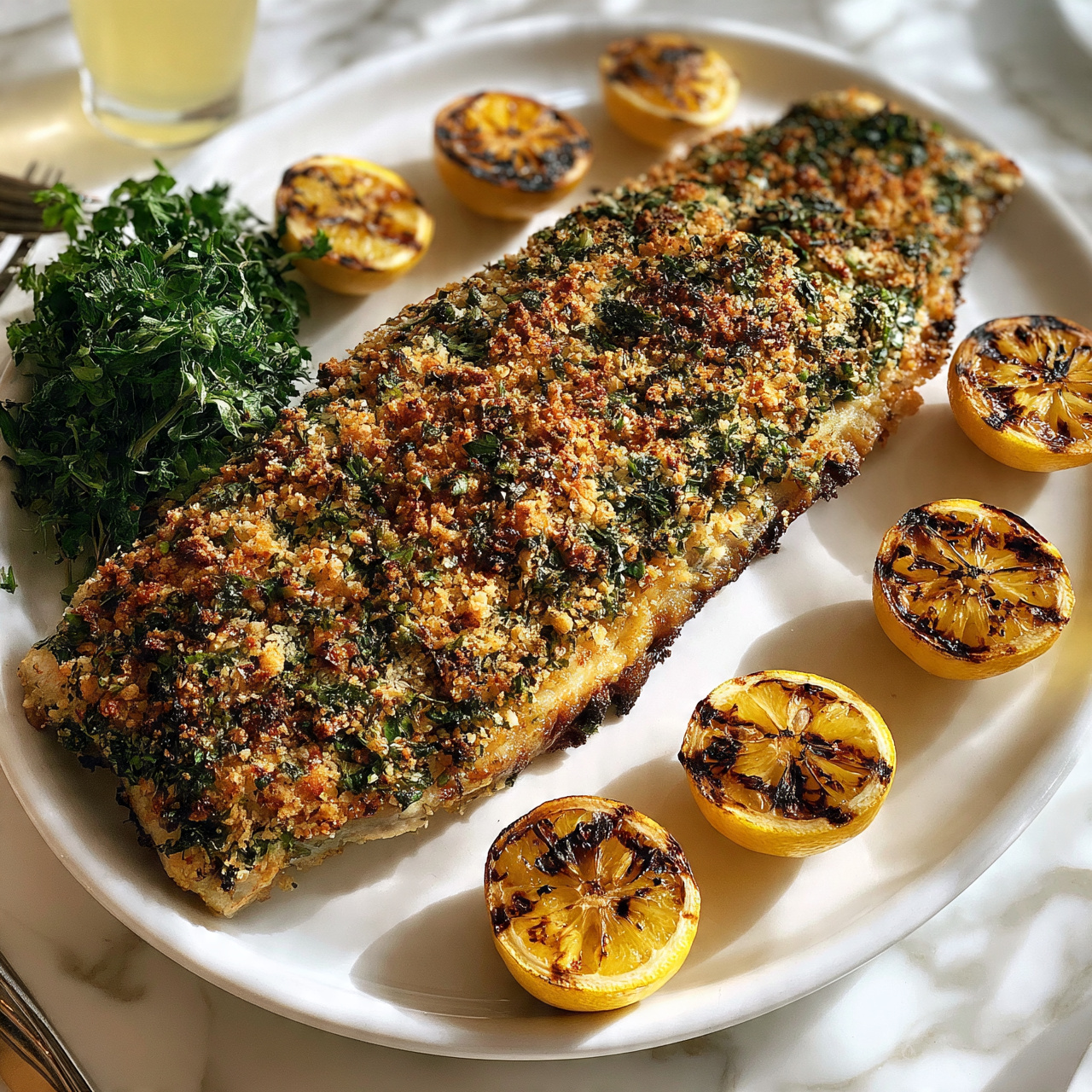 square image A large piece of fish covered with a golden brown crumb topping mixed with green herbs lies flat on a white oval plate. Around the fish, there are six lemon halves with charred, dark grill marks, showing a bright yellow and juicy texture. To the left side of the fish, a small bunch of fresh green herbs adds color and texture contrast. The plate is set on a white marbled surface with a glass of light yellow liquid and a fork partially visible nearby. photo taken with an iphone --ar 4:5 --v 7