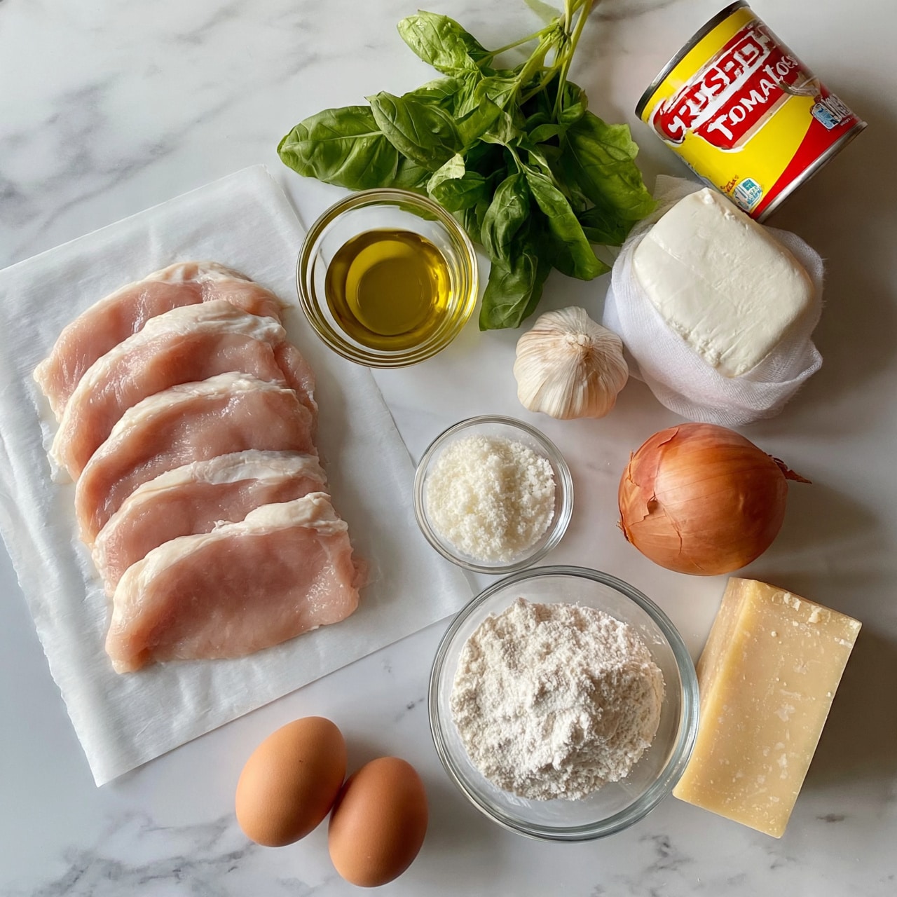 square image The image shows ingredients laid out neatly on a white marbled surface. There are five thin, light pink chicken slices placed on a sheet of white paper on the left. To the right, there is a bunch of green basil leaves with a small glass bowl of golden olive oil below it. Next to the basil is a whole garlic bulb, a white block of mozzarella cheese wrapped in cloth, and a bright yellow and red can of crushed tomatoes at the top right corner. Below these, there is a brown onion, a small clear bowl with white grated cheese, a medium clear bowl with white flour, a block of light yellow Parmesan cheese, and two brown eggs placed near the bottom left. photo taken with an iphone --ar 4:5 --v 7