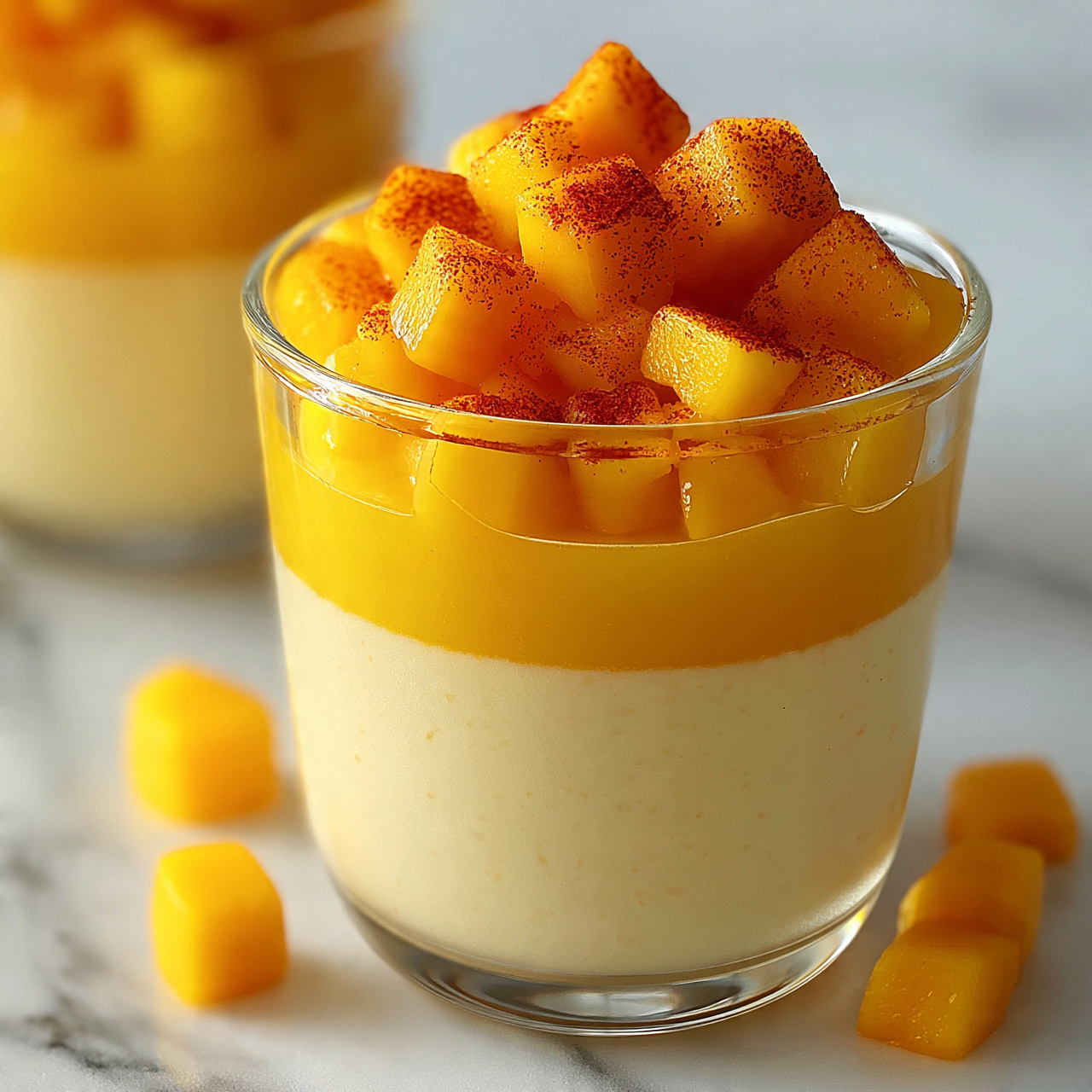 square image The image shows a clear glass filled with three visible layers of a dessert. The bottom layer is creamy and pale yellow, smooth in texture. Above that is a thin, bright yellow layer that looks glossy and gel-like. The top layer consists of small, cube-shaped pieces of fresh mango with a bright orange-yellow color, sprinkled with a fine reddish powder. There are a few mango cubes scattered around the glass on a white marbled surface, and another glass with the same dessert slightly blurred in the background. The lighting is bright and natural, highlighting the vibrant colors and smooth textures. photo taken with an iphone --ar 4:5 --v 7