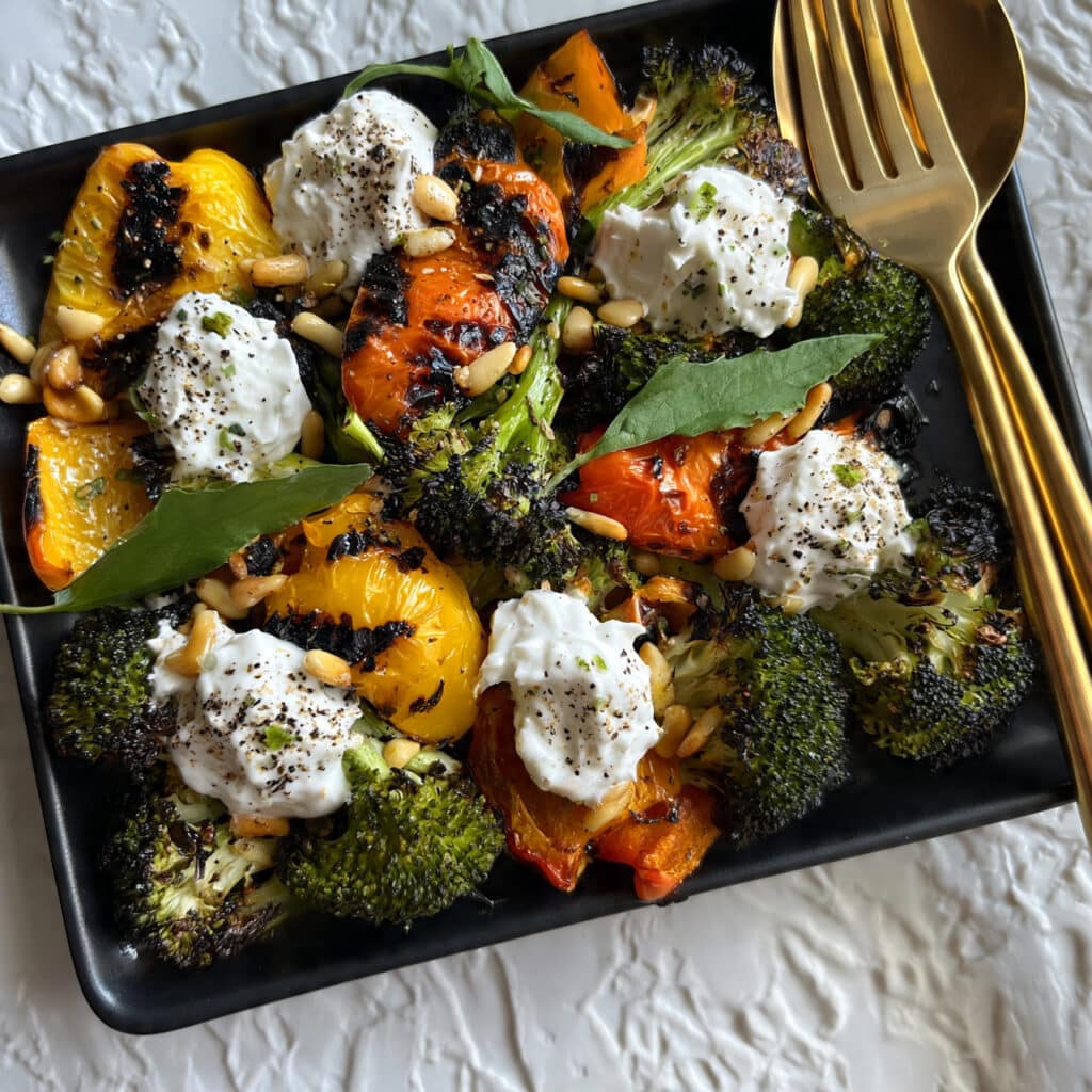 Roasted Peach Salad with Burrata & Pesto Recipe