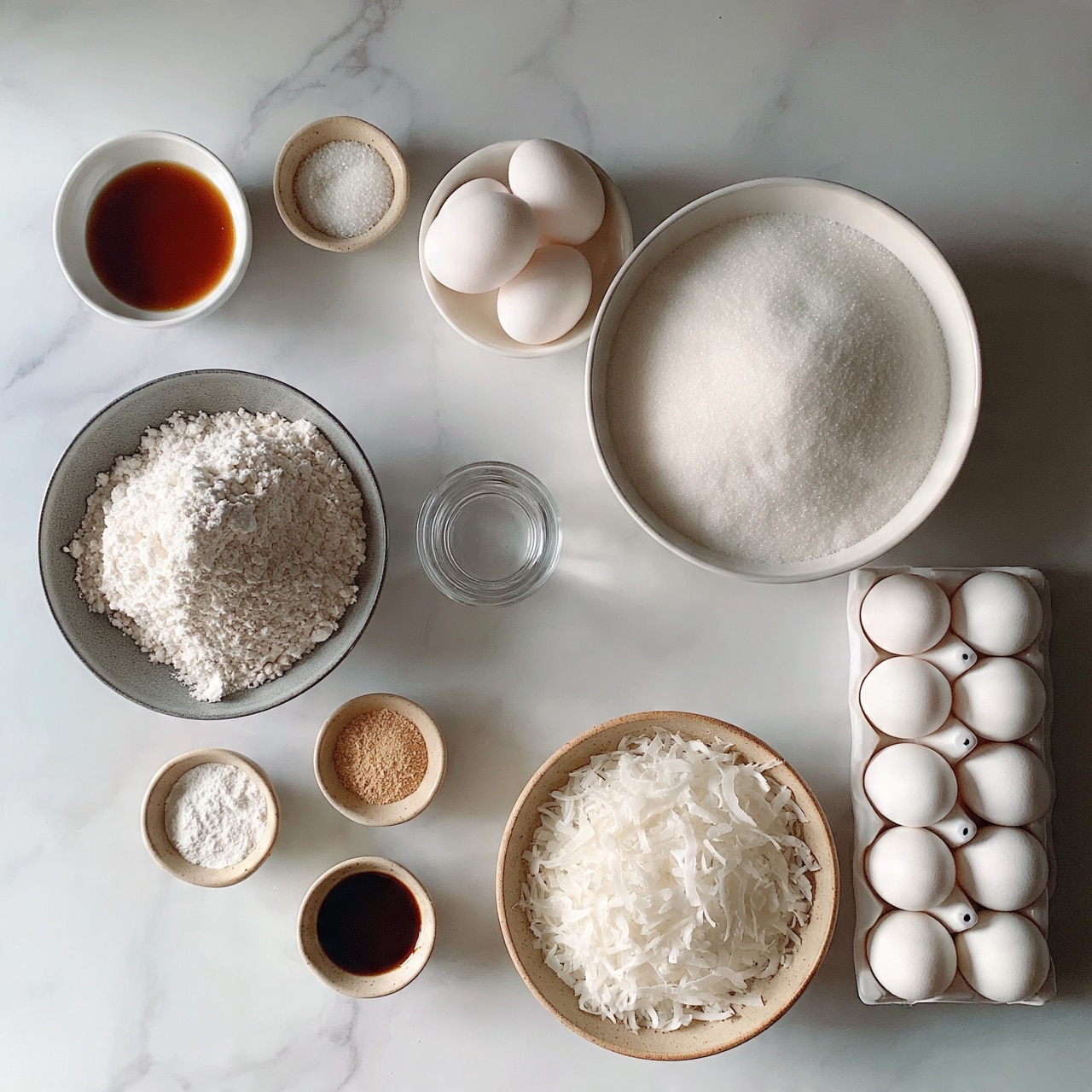 square image The image shows a white marbled surface with several white and gray bowls and small light-colored dishes arranged neatly, holding ingredients for a recipe. Starting at the top left, there is a small white bowl with dark amber liquid, next to a small beige bowl with white granules, and three white eggs in a white bowl. Below them, a gray bowl filled with white flour, a small clear glass of water, and a large white bowl filled with granulated white sugar sit. To the bottom right, there is a white egg carton with about a dozen white eggs. Near the bottom right corner, a large beige bowl is full of thin white flakes, likely coconut. In the center left are three small beige bowls holding white powder, a light brown powder, and a dark brown liquid. Everything is placed on the clean white marbled surface, capturing a bright and clear view. Photo taken with an iphone --ar 4:5 --v 7