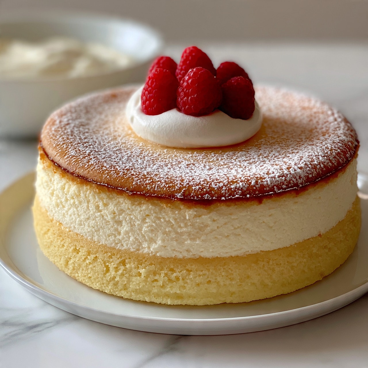 square image The image shows a soft, round cheesecake with three visible layers: a light golden brown top, a thick creamy white middle, and a dense pale yellow bottom. The cheesecake is on a white plate sitting on a white marbled surface. The top of the cheesecake is dusted lightly with powdered sugar, and there is a white dollop of whipped cream on the center, topped with five bright red raspberries. In the background, a white bowl with a similar creamy mixture is slightly out of focus. Photo taken with an iphone --ar 4:5 --v 7