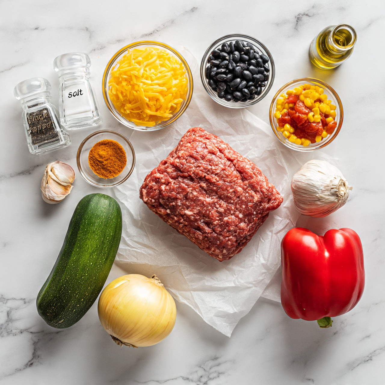 square image A white marbled surface holds several ingredients arranged neatly: a block of raw ground meat on a piece of parchment paper near the center, a whole green zucchini and a yellow onion below it, a whole garlic bulb and a red bell pepper to the right, and small glass bowls filled with yellow shredded cheese, black beans, tomato mixture, corn, and a small bowl of orange-colored seasoning around the meat. Two clear glass spice jars, one labeled black pepper and the other salt, stand next to the onion and garlic, and a small bottle of olive oil is at the top right. Photo taken with an iphone --ar 4:5 --v 7