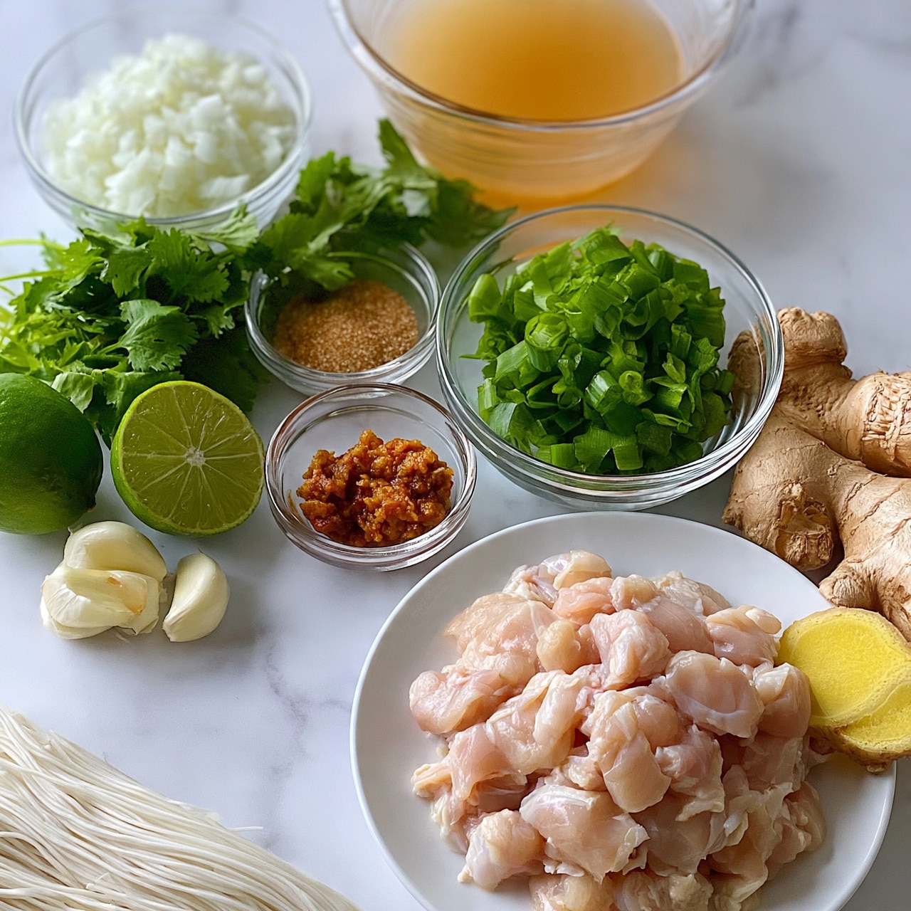 square image The image shows a neatly arranged collection of cooking ingredients placed on a white marbled surface. At the bottom right, there is a white plate filled with small pieces of raw light pink chicken. Next to it on the right, there are fresh ginger roots and a slice of ginger with a yellow interior. Above the chicken plate is a clear bowl with fresh green chopped scallions, and to its left, a small clear bowl with brown sugar and another with a reddish-brown chili paste. In the top left, there is a clear bowl filled with finely chopped white onions. Nearby are fresh green cilantro sprigs, a whole lime, and a lime half, along with three peeled garlic cloves in front of a glass bowl filled with light orange liquid, possibly broth. Thin white noodles are partially visible in the lower left corner. All items are distinct in color and texture, well spaced, set against the white marbled surface. Photo taken with an iphone --ar 4:5 --v 7