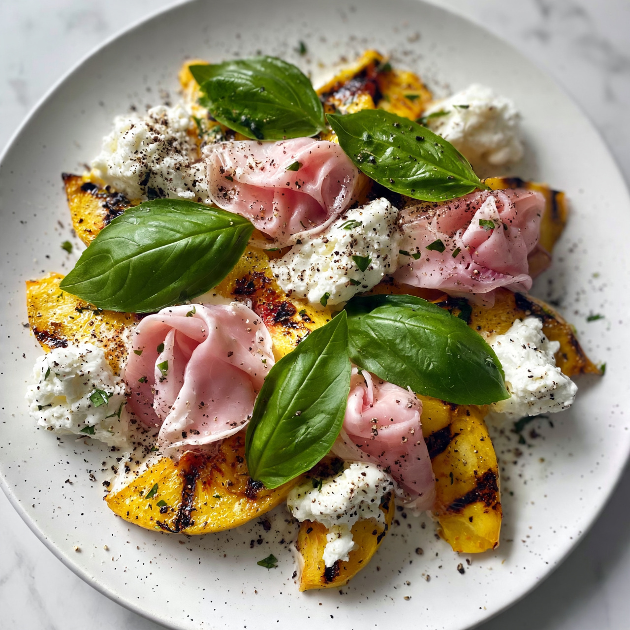 square image The dish is presented on a white speckled plate filled with multiple layers. The bottom layer consists of golden yellow grilled peach wedges with dark char marks, giving a slightly rough texture. Interspersed between the peaches are thin, light pink folded slices of cured meat, adding softness and delicate folds. Dollops of creamy white cottage cheese with a slightly lumpy texture are scattered evenly around the plate. Bright green fresh basil leaves with smooth surfaces and visible veins are placed on top of and between the other ingredients. The entire dish is sprinkled with coarse black pepper and small green herb pieces. The background is a white marbled surface. photo taken with an iphone --ar 4:5 --v 7