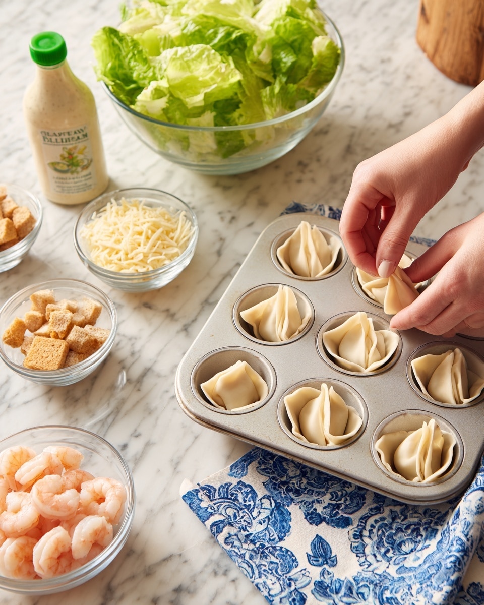 A white marbled table holds a muffin pan with six cups lined with light beige square dough pieces folded gently into small cups, with a pair of woman's hands placing another dough piece. To the left, a clear glass bowl is filled with fresh green lettuce leaves, and nearby are two small clear glass bowls, one with pale yellow shredded cheese and the other with small tan croutons. A plastic bottle of creamy Caesar dressing with a green cap and label stands near the bowls. In the bottom left corner, a clear bowl filled with small pink shrimp is partially visible. A folded blue and white patterned napkin is under the lettuce bowl, adding a splash of color. Photo taken with an iphone --ar 4:5 --v 7