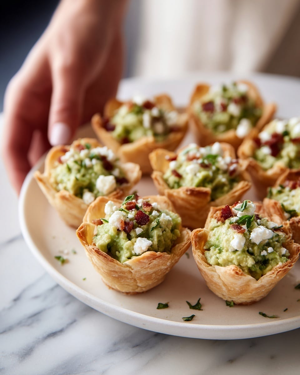 The image shows a white plate with several small crispy pastry cups filled with a creamy green mixture, likely avocado or guacamole, mixed with small chunks of white cheese and bits of crispy bacon on top. The pastry cups are golden brown and have a flaky texture, holding the filling neatly. Some cups also have small herbs sprinkled on top for garnish. The plate is placed on a white marbled surface, and there is a woman's hand reaching slightly toward the cups in the background. photo taken with an iphone --ar 4:5 --v 7