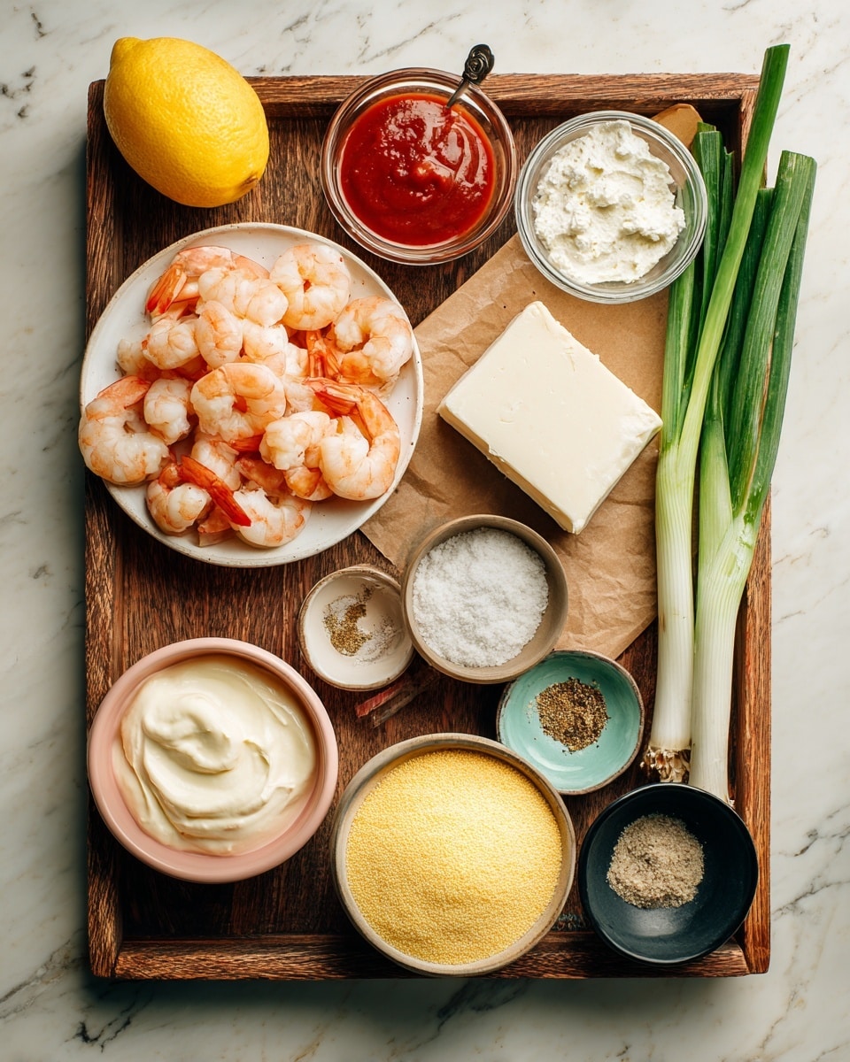The image shows a wooden tray with various ingredients arranged neatly on a white marbled surface. There is a white plate filled with pink shrimp on the top left center, next to a glass bowl with a red sauce. To the right are several green onion stalks. Below them is a wedge of white cheese. A glass bowl with a light powder sits nearby. On the bottom left corner, there’s a pink bowl holding a creamy white sauce, next to a small black bowl containing butter. A turquoise bowl filled with yellow cornmeal is near the center bottom. A small white bowl with mixed spices and salt stands to the left of the shrimp. A whole lemon is at the top left corner. Photo taken with an iphone --ar 4:5 --v 7