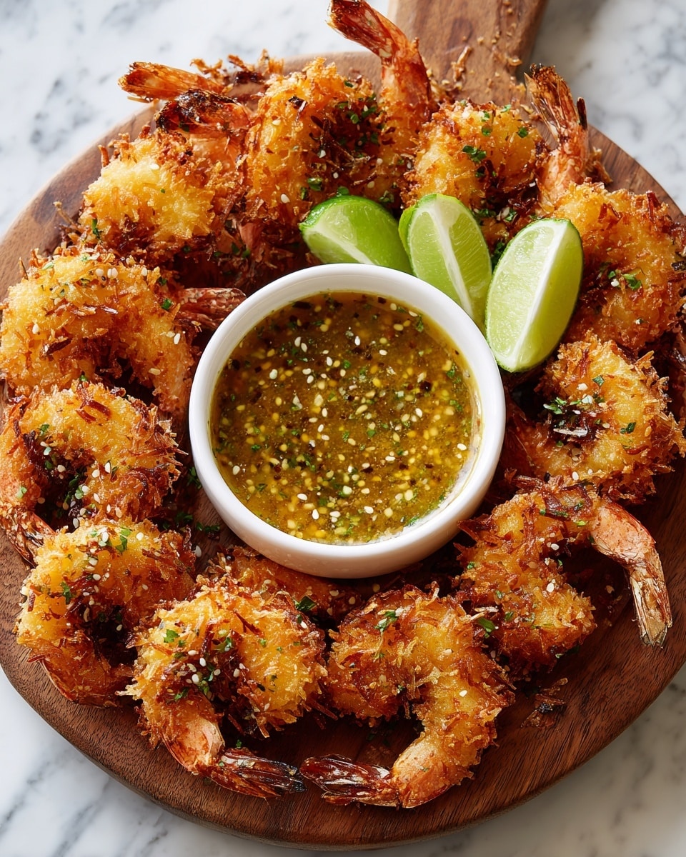 A round wooden board holds a circle of golden brown fried shrimp, each shrimp coated with crispy shredded texture and garnished with small green herb bits. The shrimp tails stick out, creating an even ring. Inside the circle is a small white bowl filled with a thick yellow sauce topped with green herbs and sesame seeds. Two lime wedges with bright green skin and juicy lighter inside rest on the board near the shrimp. The background is a white marbled surface. photo taken with an iphone --ar 4:5 --v 7