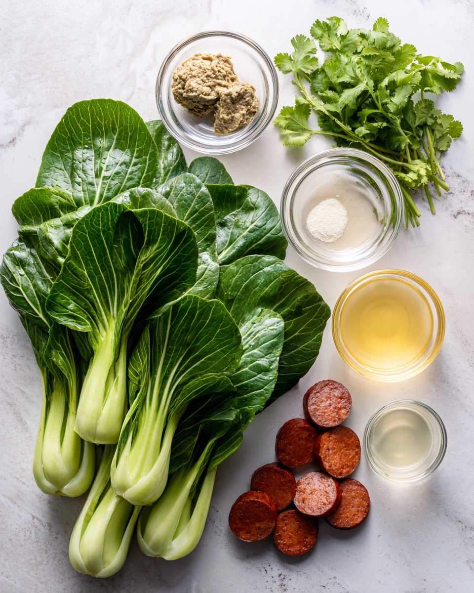 The image shows fresh green bok choy with long leaves arranged on a white marbled surface. Next to the bok choy are several small clear glass bowls containing different ingredients: a light gray meat paste, light brown liquid, white powder, clear liquid, and a small round bowl with light yellow liquid. There is also a bunch of fresh green cilantro and a few slices of reddish-brown sausage or meat near the bowls. All items are laid out neatly in a slightly curved line. photo taken with an iphone --ar 4:5 --v 7