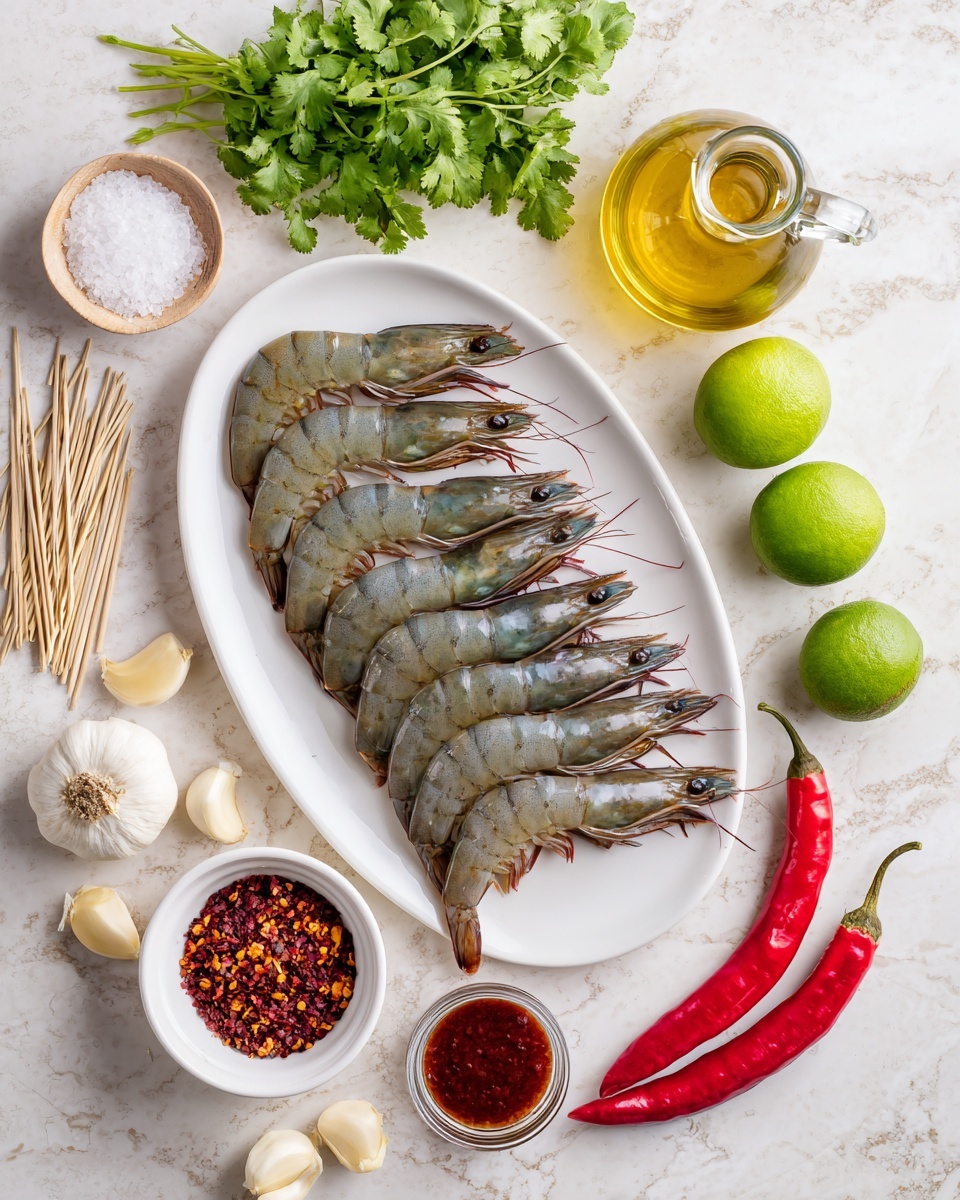 The image shows a white oval plate placed on a white marbled surface, with six raw shrimp neatly arranged in a fan shape, their grayish translucent bodies and dark tails clearly visible. Surrounding the plate are several fresh ingredients including two long red chili peppers on the right, three whole green limes nearby, and a small white bowl filled with crushed red chili flakes below the plate. Three peeled garlic cloves and two unpeeled garlic bulbs are placed at the bottom left. To the left of the plate, a bundle of wooden skewers lies horizontally, and above them is a small bunch of fresh green cilantro. At the top, there is a small clear glass jug filled with golden olive oil and beside it a small clear jar filled with red chili sauce. A tiny bowl containing coarse salt sits just above the plate. The whole scene is evenly lit, showing the fresh and raw ingredients in detail, photo taken with an iphone --ar 4:5 --v 7