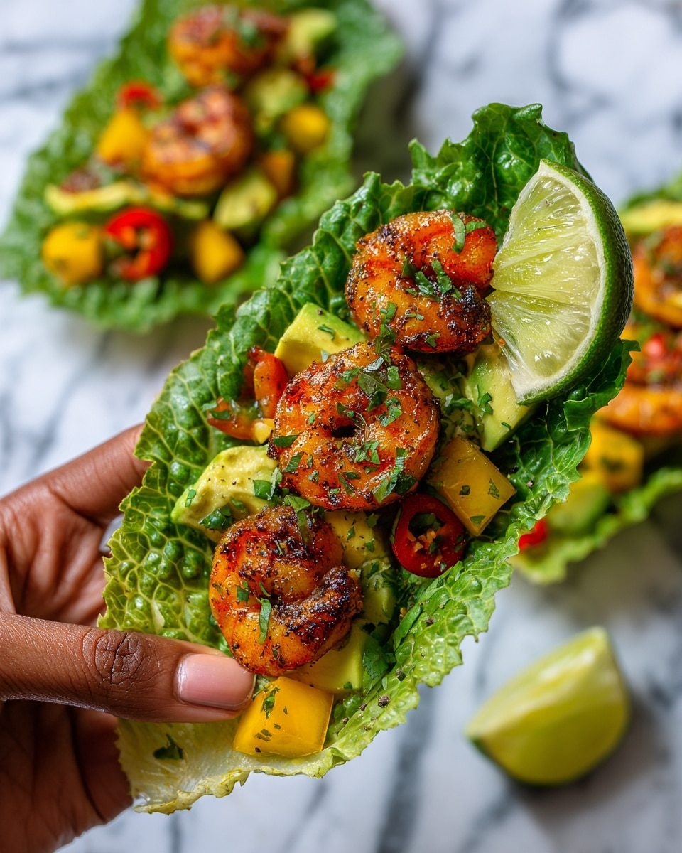 A woman's hand holds a fresh green lettuce leaf shaped like a taco shell, filled with three golden-brown grilled shrimp, bright green avocado chunks, small pieces of yellow tomato, and thin slices of red chili pepper. The shrimp and veggies are sprinkled with finely chopped herbs for a fresh look. A small lime wedge sits on top of the filling. The background is a white marbled surface with another similar filled lettuce leaf blurred behind. Photo taken with an iphone --ar 4:5 --v 7