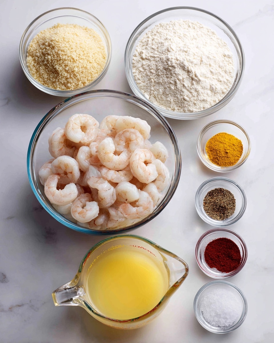 The image shows several clear glass bowls and measuring cups arranged on a white marbled surface. In the center, there is a bowl filled with peeled, raw shrimp that are light pink and white in color. Above this bowl is a larger bowl filled with white flour. To the left of the shrimp, there is a bowl containing light beige breadcrumbs. Below the shrimp, there are two glass measuring cups; the one on the left contains a pale yellow liquid, and the one on the right holds a beaten egg mixture that is bright yellow and slightly frothy. On the right side of the shrimp, there are four small glass bowls arranged vertically, each holding different spices: a yellow powder at the top, a dark red powder below it, followed by white salt, and finally black pepper at the bottom. All the bowls and cups are transparent, showing the texture and color of each ingredient clearly. Photo taken with an iphone --ar 4:5 --v 7