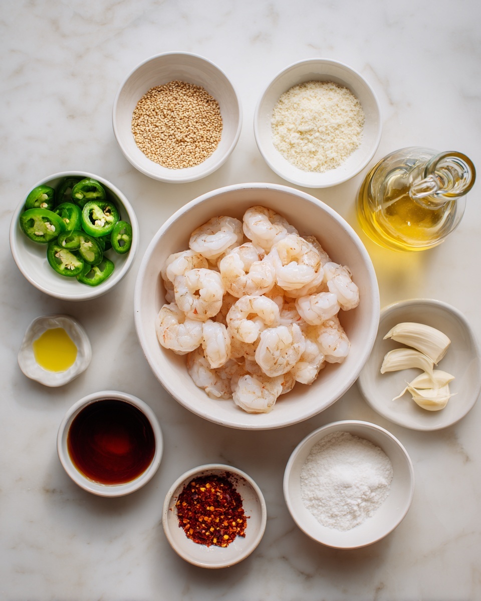 The image shows a white bowl full of peeled, raw shrimp placed in the center of a white marbled surface. Around the main bowl, there are nine small white dishes arranged in a neat circle. Starting from the top and moving clockwise, the dishes contain sliced green jalapeños, light brown sesame seeds, red chili flakes, a small glass bottle of light yellow oil, light brown sauce, minced garlic, dark soy sauce, white flour, and a light creamy liquid. The colors of the ingredients vary from green to brown to white, creating a balanced and organized look. photo taken with an iphone --ar 4:5 --v 7