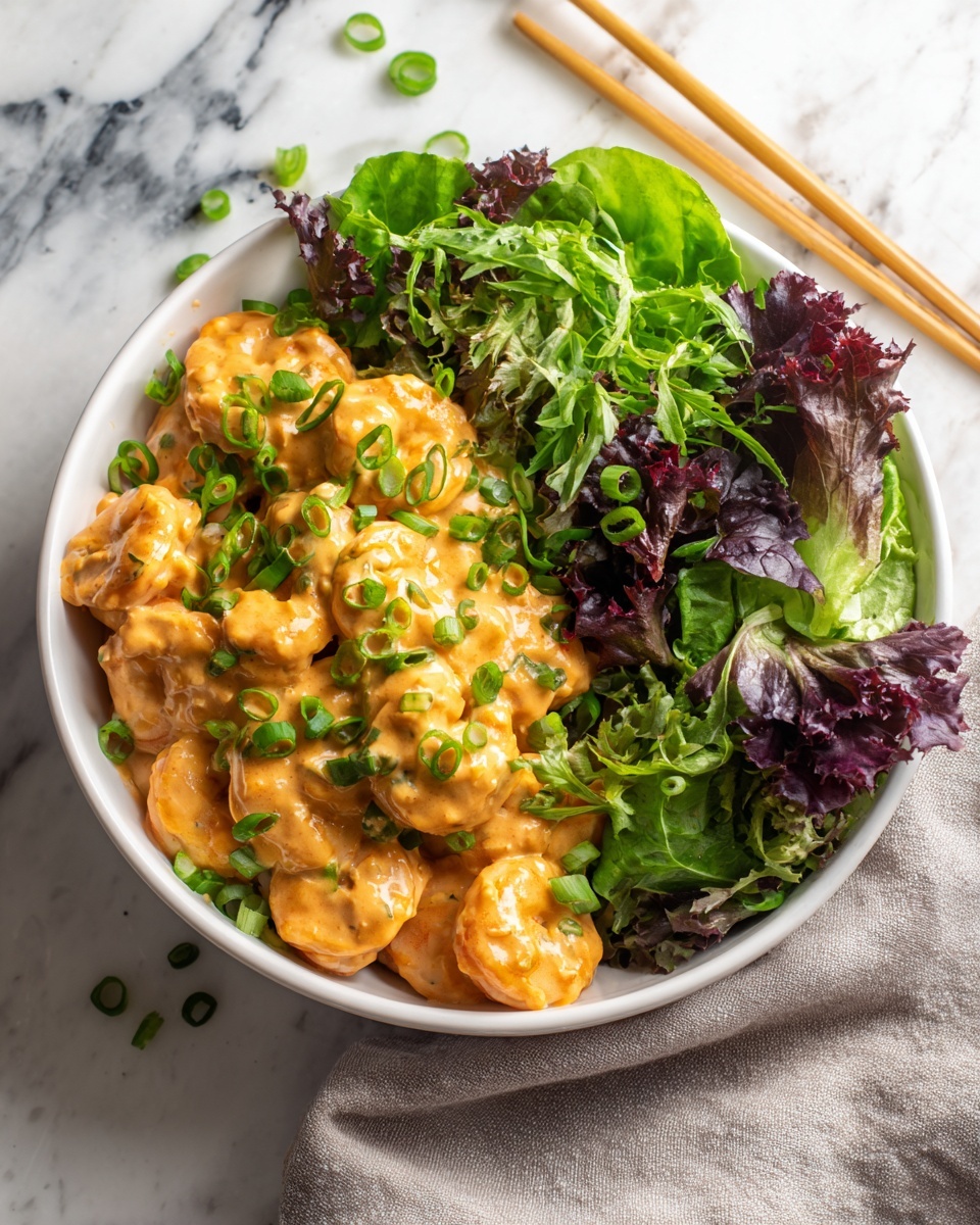 A white bowl filled with three layers: the bottom layer is a bed of mixed green leafy lettuce with dark purple and bright green leaves, the middle layer is a generous portion of shrimp covered in a creamy, light orange sauce, and the top layer is chopped green onions scattered evenly over the shrimp. The bowl is placed on a white marbled surface, with a pair of light wooden chopsticks resting on a grey cloth nearby. Photo taken with an iphone --ar 4:5 --v 7