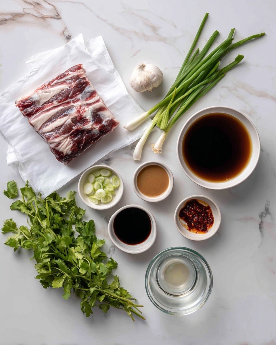 The image shows ingredients laid out on a white marbled surface. On the left, there is a folded piece of raw meat with white fat marbling, placed on white paper. To the right, there is a white bowl with a mix of dark and light brown liquids. Below and around these items, there are small bowls containing dark soy sauce, a light brown paste-like substance, and red sauce. There are two cloves of garlic near the center, fresh green spring onions next to them, a bunch of green cilantro on the lower left, and a clear liquid in a small glass bowl on the lower right. Everything is arranged neatly and clearly. Photo taken with an iphone --ar 4:5 --v 7
