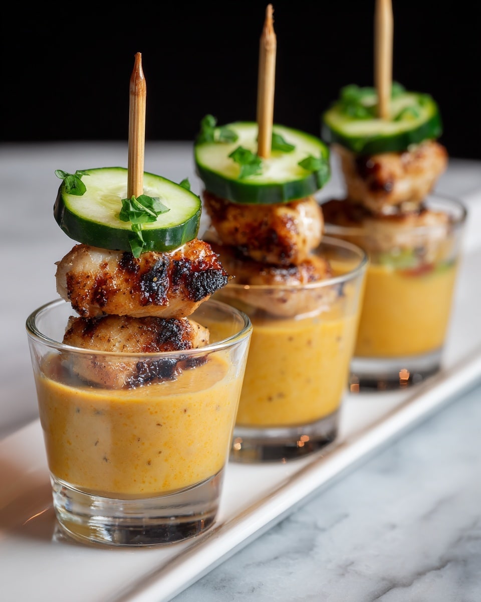 Three small clear glass cups are lined up on a long white plate on a white marbled surface. Each cup is filled halfway with a creamy orange sauce. Inside every cup, a skewer stands upright with a round cucumber slice at the top and three pieces of grilled chicken stacked below it. The chicken is golden brown with grill marks and looks juicy. The background is black, making the colors of the food stand out well. photo taken with an iphone --ar 4:5 --v 7