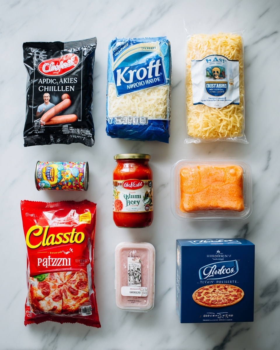 The image shows eight food items arranged neatly on a white marbled surface. In the top row from left to right, there is a black packet of Aidells Chicken & Apple Sausages with a picture of a man on the label, a large blue and white bag of Kraft shredded mozzarella cheese, and a small white can of Dole pineapple chunks with a colorful label. Below, there is a glass jar of Classico pasta sauce with a red and yellow label, a red pack of Hormel pepperoni slices with pizza images on the packaging, a small white container of Hillshire Farm honey ham with a clear top, and a blue box of Pillsbury classic pizza crust. The colors range from the black sausage package, red pepperoni pack, blue cheese bag and pizza crust box, the orange pasta sauce jar, to the white pineapple can. The items are evenly spaced and placed flat on the surface, with clear readable labels. photo taken with an iphone --ar 4:5 --v 7