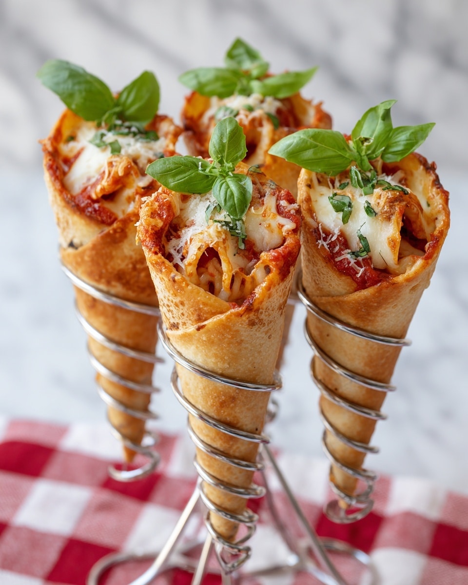 This image shows four pizza cones held upright in a shiny silver spiral stand on a white marbled surface with a red and white checkered cloth underneath. Each cone is golden brown with a slightly crispy texture, filled at the top with layers of red tomato sauce and melted white cheese that looks soft and gooey. On the very top, each pizza cone is decorated with a small bunch of fresh bright green basil leaves, adding a fresh look to the warm colors of the cones and toppings. The photo taken with an iphone --ar 4:5 --v 7