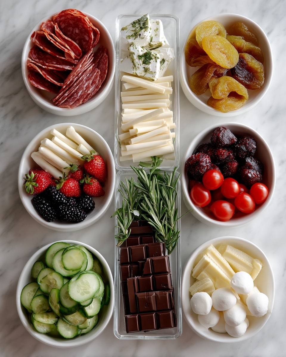 A top view of seven white bowls and one white rectangular glass container arranged on a white marbled surface. Starting from top left, a bowl with thin red slices of salami and two types of white cheese, one plain and one with herbs. To its right, a bowl filled with sliced dried figs and apricots in yellow and brown tones. Next, a bowl with red strawberries, blackberries, dark cherries, and some slice of citrus fruit with red flesh. At the bottom right, a bowl with red cherry tomatoes, small white mozzarella balls, and a bunch of fresh green basil leaves. In the center, a bowl holding a layer of white wafer sticks, a middle layer of milk chocolate bars, a top left layer of dark chocolate pieces, a top right layer of milk chocolate with a striped texture, and a top middle area of white wafer sticks. On the bottom left, a bowl with sliced cucumber sticks and pickle spears with green hues. Finally, a rectangular glass container at the center-bottom contains fresh green herbs including rosemary and sage. Photo taken with an iphone --ar 4:5 --v 7