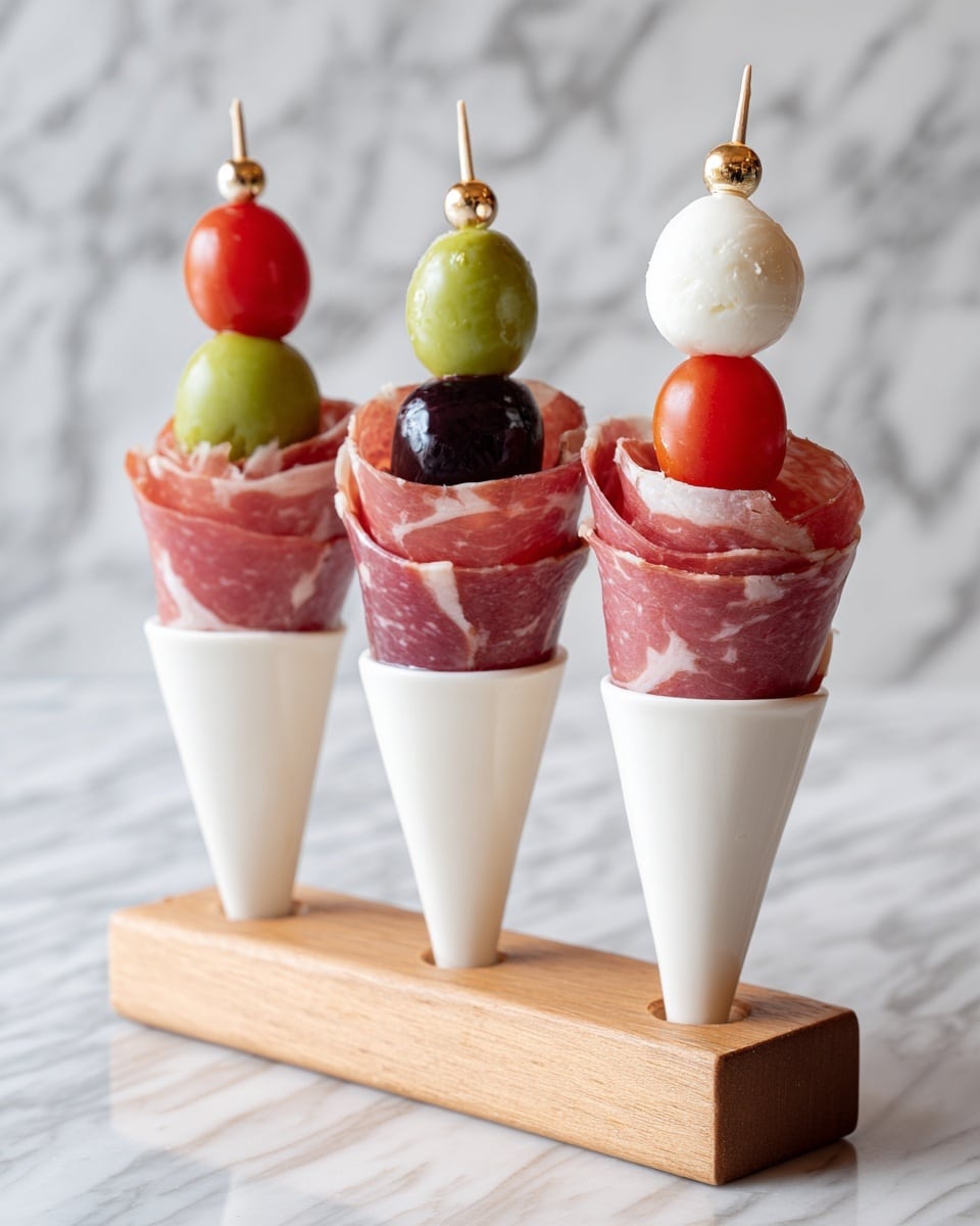 The image shows a set of white cones standing upright on a wooden holder. Inside each cone, there is a rolled slice of pinkish-red cured meat shaped like a rose at the bottom. Sticking out from the top of each cone is a skewer with three layers: at the bottom a dark round olive, next a bright green round grape, and above that a red grape tomato topped with a white mozzarella ball and a small golden bead at the very top. The background is a white marbled texture. photo taken with an iphone --ar 4:5 --v 7