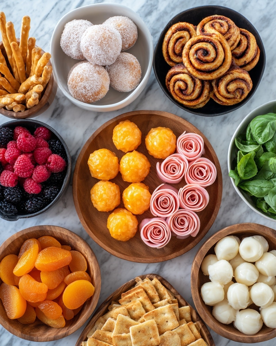 A top view of various bowls and plates with different foods arranged neatly on a white marbled surface. In the center is a round wooden plate holding two rows of bright orange melon balls and six rolls of pink ham shaped like roses. Around it, there is a white bowl with powdered sugar-coated round doughnuts, a black bowl with fresh red raspberries and dark blueberries, and a wooden bowl with leafy green basil. Near the top right, a white plate holds six cinnamon rolls with a swirl pattern. To the left, another wooden bowl contains bright orange apricots, and next to it is a wooden bowl with golden twisted breadsticks. On the right side, a wooden bowl has small white mozzarella balls, and below it, a wooden plate is filled with square pieces of golden brown crispbread. The colors stand out well against the white marbled background. Photo taken with an iphone --ar 4:5 --v 7
