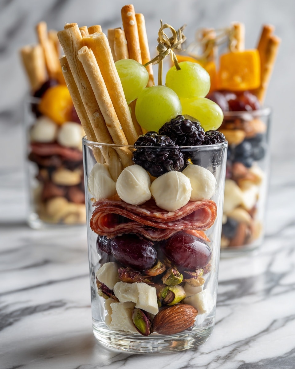 A clear cup filled with layers of various snack items sits on a white marbled surface. The bottom layer is a mix of almonds, pistachios, and dried apricot pieces with dried fig slices above them. Next is a layer of folded slices of salami, red grapes, and blackberries. Small white mozzarella balls are placed near the blackberries. On top, there are green grapes and cubes of cheese skewered with a woman's hand tied bamboo pick. Around the cup, there are yellow and light brown breadsticks and pickles sticking out from the top. The background is also a white marbled texture, with more similar cups blurred out in the distance. photo taken with an iphone --ar 4:5 --v 7