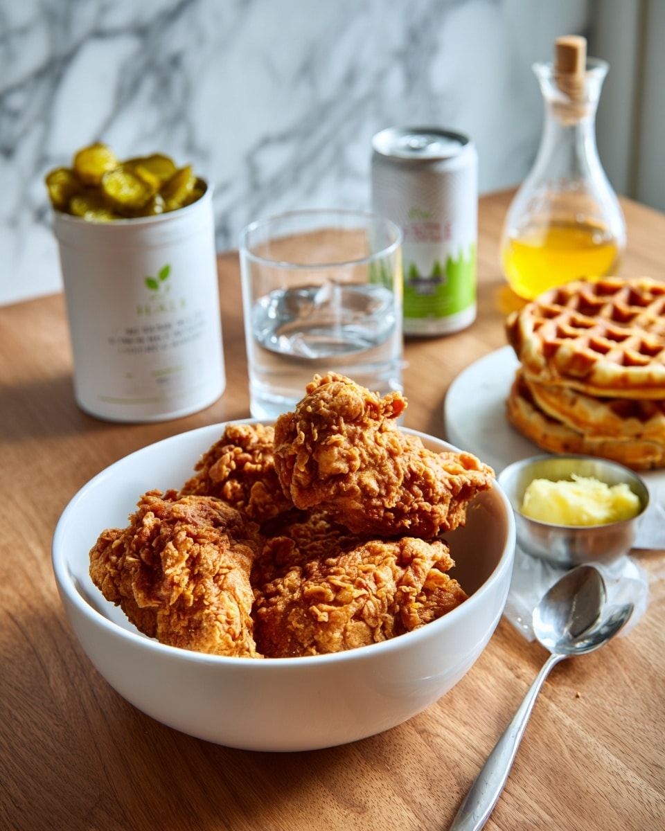 The image shows a white bowl filled with three pieces of golden, crispy fried chicken on a wooden table. Next to the bowl, there is a white container of pickle chips with a green and white label. Behind the container, there are three items lined up: a clear glass of water, a can of kosher salt with a white label and green and red text, and a clear honey bear bottle with honey inside and a yellow cap. To the right side of the image, there is a stack of golden brown waffles and a small metal cup filled with yellow butter next to a metal spoon. The background features a white marbled surface. photo taken with an iphone --ar 4:5 --v 7