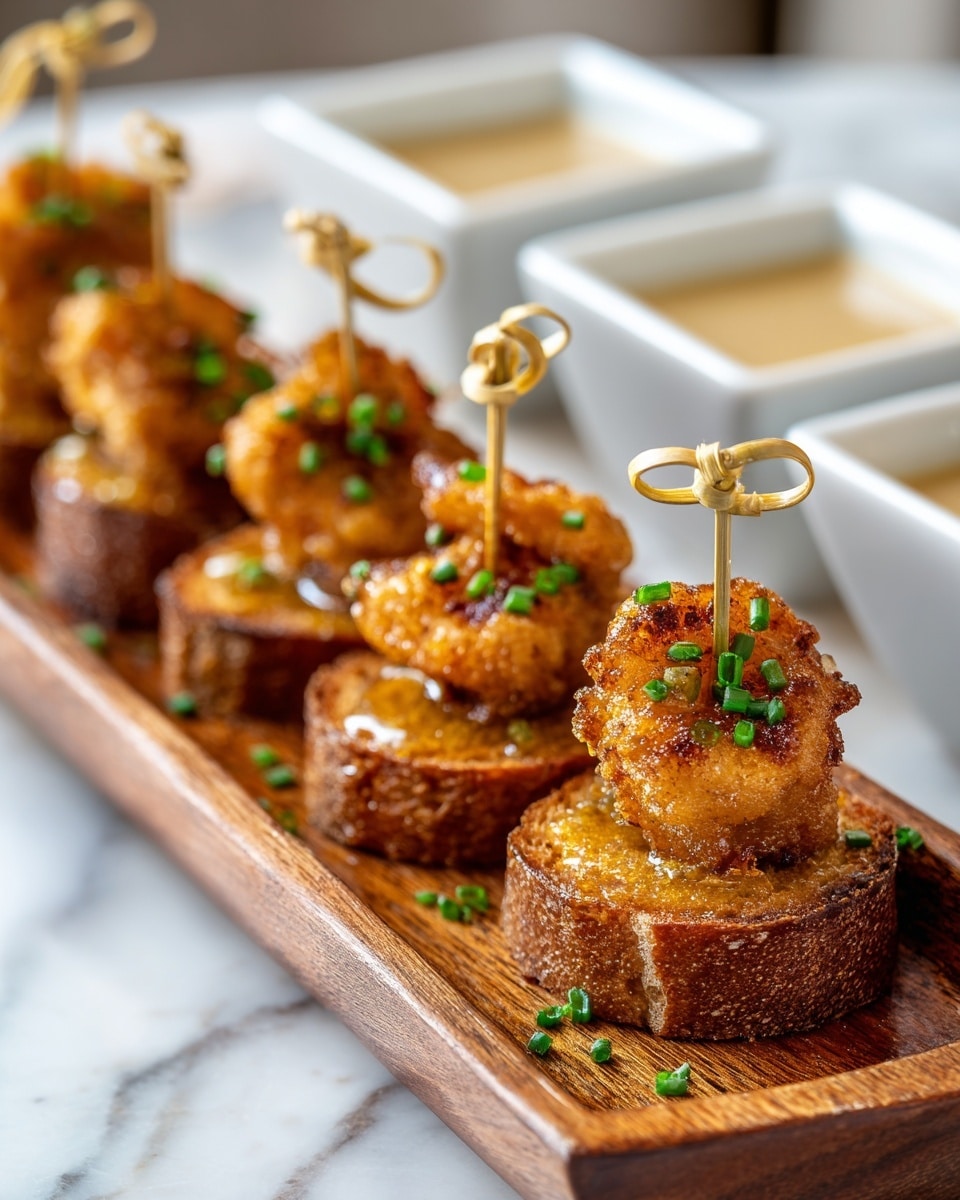 The image shows a wooden tray holding four small appetizers arranged in a row. Each appetizer has two layers: a round, toasted brown bread base on the bottom and a golden, crispy fried piece of chicken on top. Each piece is held together with a thin wooden pick with a looped top. The chicken is drizzled lightly with a shiny honey-like sauce and sprinkled with small green chive pieces. In the background, there are two white square bowls, slightly out of focus, containing a light-colored sauce or dip. The whole scene is set on a white marbled surface. photo taken with an iphone --ar 4:5 --v 7