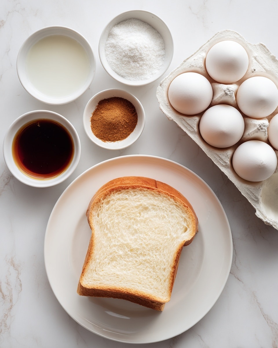A white plate with one slice of soft white bread sits at the bottom center on a white marbled surface; above the plate, from left to right, there is a small white bowl filled with white liquid, then three small white bowls containing brown powder, dark liquid, and light brown sugar. To the right of these bowls, a white carton holds six whole white eggs arranged in two columns and three rows. Photo taken with an iphone --ar 4:5 --v 7