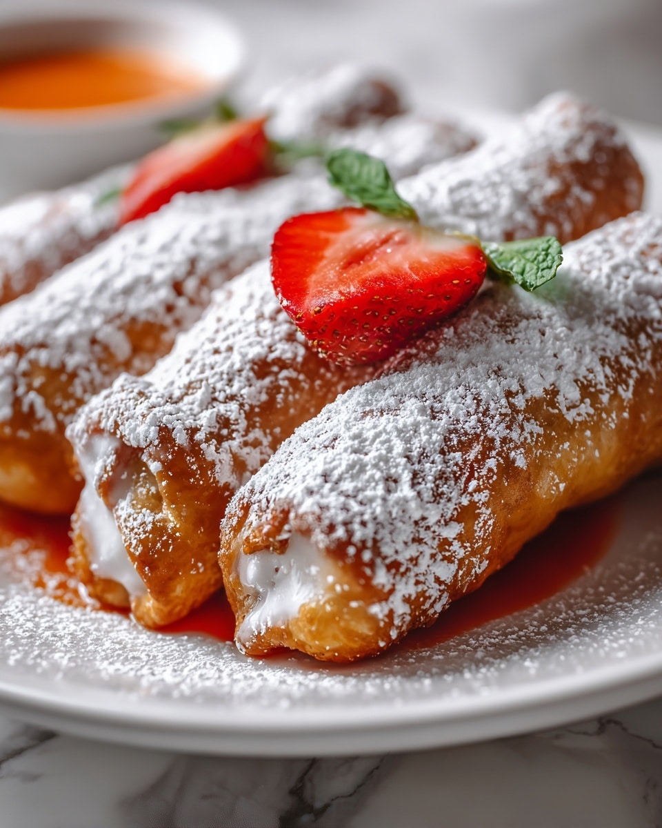 A close-up view of several pieces of golden brown pastry sticks lying in a white plate, each piece dusted with fine white powdered sugar giving a light, powdery texture. In the center, a fresh red strawberry sliced in half adds a pop of color with its green leaves on top. In the background, an orange sauce is partially visible, enhancing the warm tones of the dish. The surface beneath the plate is a white marbled texture. photo taken with an iphone --ar 4:5 --v 7