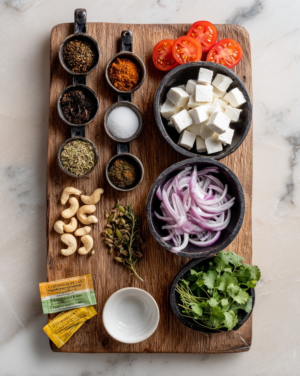 The image shows a wooden board with small black bowls and measuring spoons arranged neatly. On the top right is a bowl filled with sliced red tomatoes, below it a bowl holding large white cubes of paneer, and at the bottom right a bowl with thinly sliced red onions, green chili, and some green cilantro leaves. On the left side of the board, there are four measuring spoons with different colored spices, arranged from dark brown to white. Above the spoons, there are small piles of garlic slices, dried ginger pieces, cashew nuts, and a few sprigs of green herbs. At the bottom left corner, two small packets of yellow and green seasoning are visible next to a small empty white bowl. The entire setup is placed on a white marbled texture surface. Photo taken with an iphone --ar 4:5 --v 7