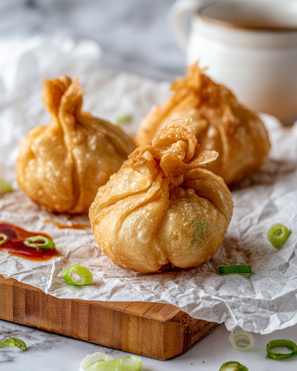 The image shows three small fried dumplings shaped like tied bundles with a golden brown crispy texture. They sit on a piece of white crumpled paper placed on a wooden board, with some small green onion pieces scattered around for color contrast. One dumpling is in clear focus in the front center, showing its detailed puffy and fried surface with a twisted top tied close like a pouch. In the background, a small white cup is partially visible on the right, while some red sauce with white cream is lightly smeared on the paper to the left of the dumplings. The surface beneath everything is a white marbled texture. photo taken with an iphone --ar 4:5 --v 7